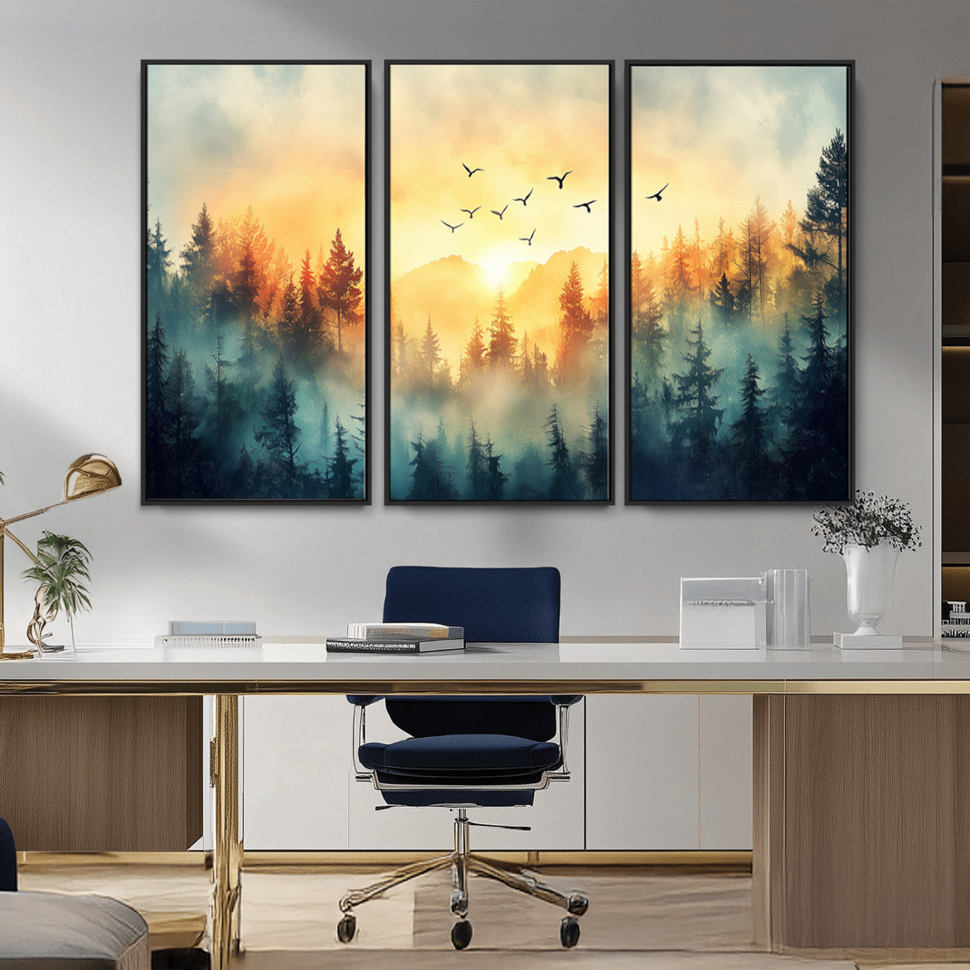 MGV-FC-48X32-3P - Abstract Forest Wall Art Print- Serene Nature Canvas Print with Misty Forest Design for Modern Home