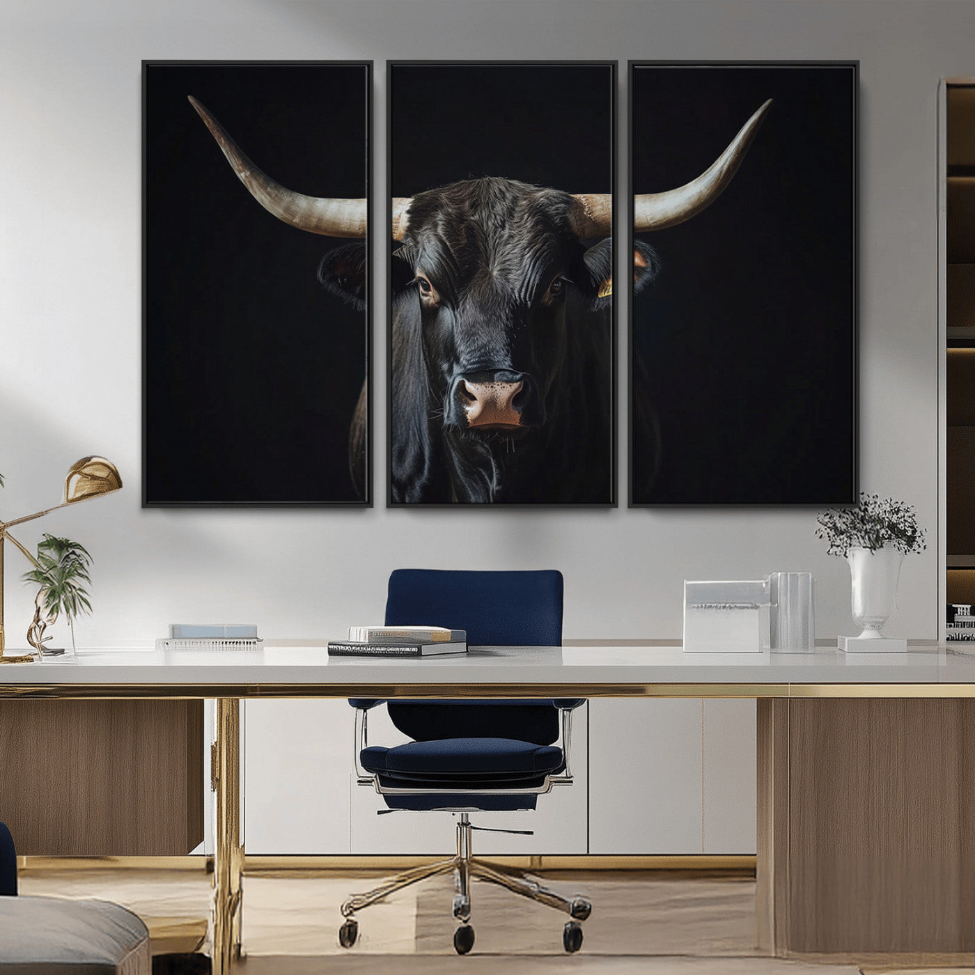 Canvas of a black longhorn bull against a dark background, featuring moody tones and western character for rustic or cowboy-inspired spaces.