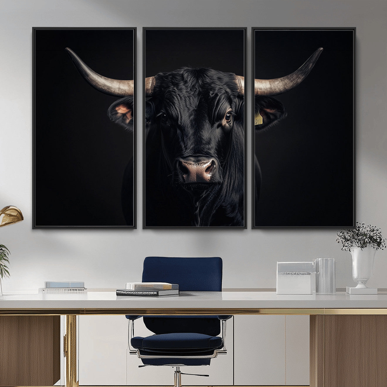MGV-FC-48X32-3P - Black Bull Wall Art – Framed Horned Bull Canvas Artwork, Western Cattle Design, Rustic Ranch Style Decor for Home, Office