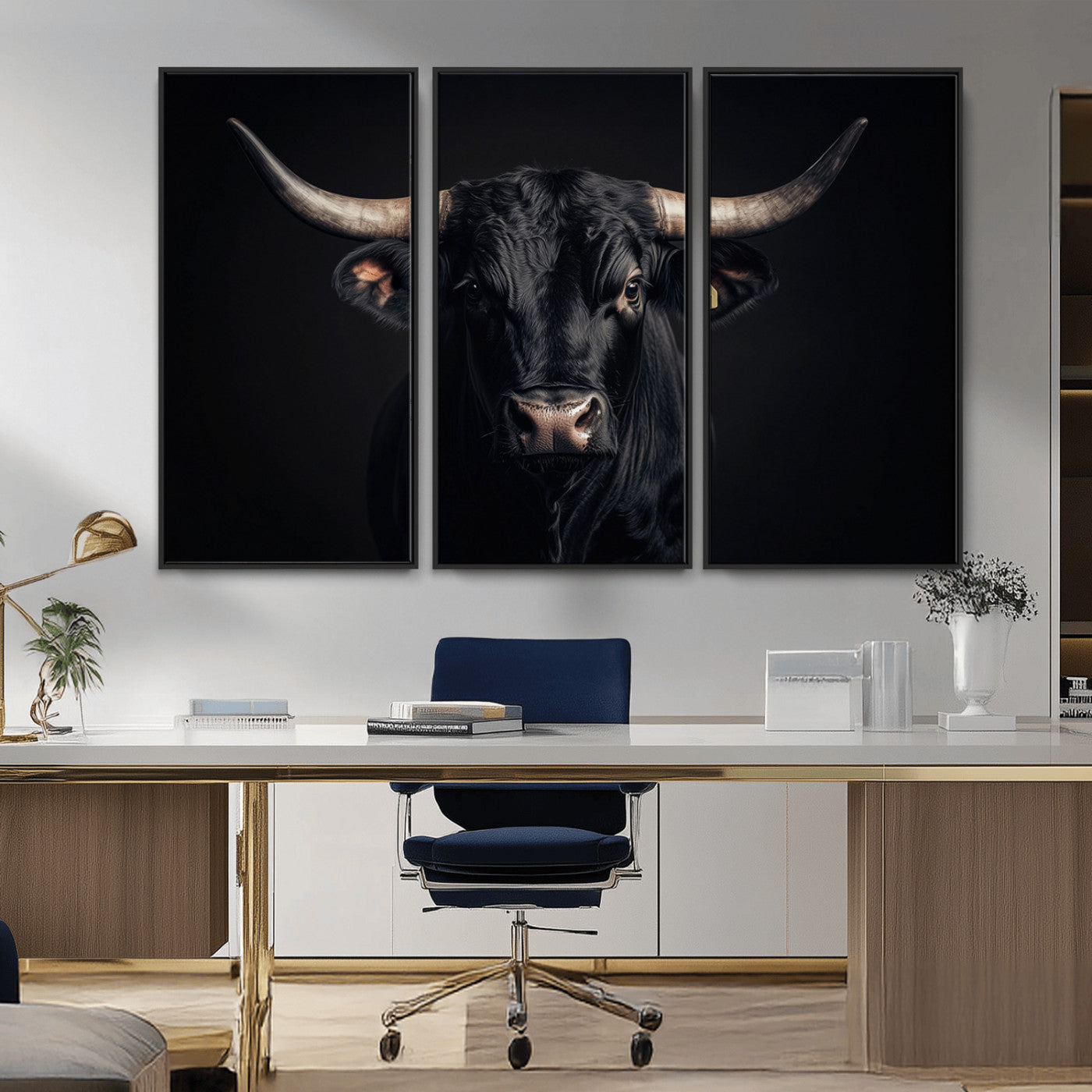 Canvas featuring a black horned bull in moody lighting on a dark background, perfect for western or rustic farmhouse-style home decor.