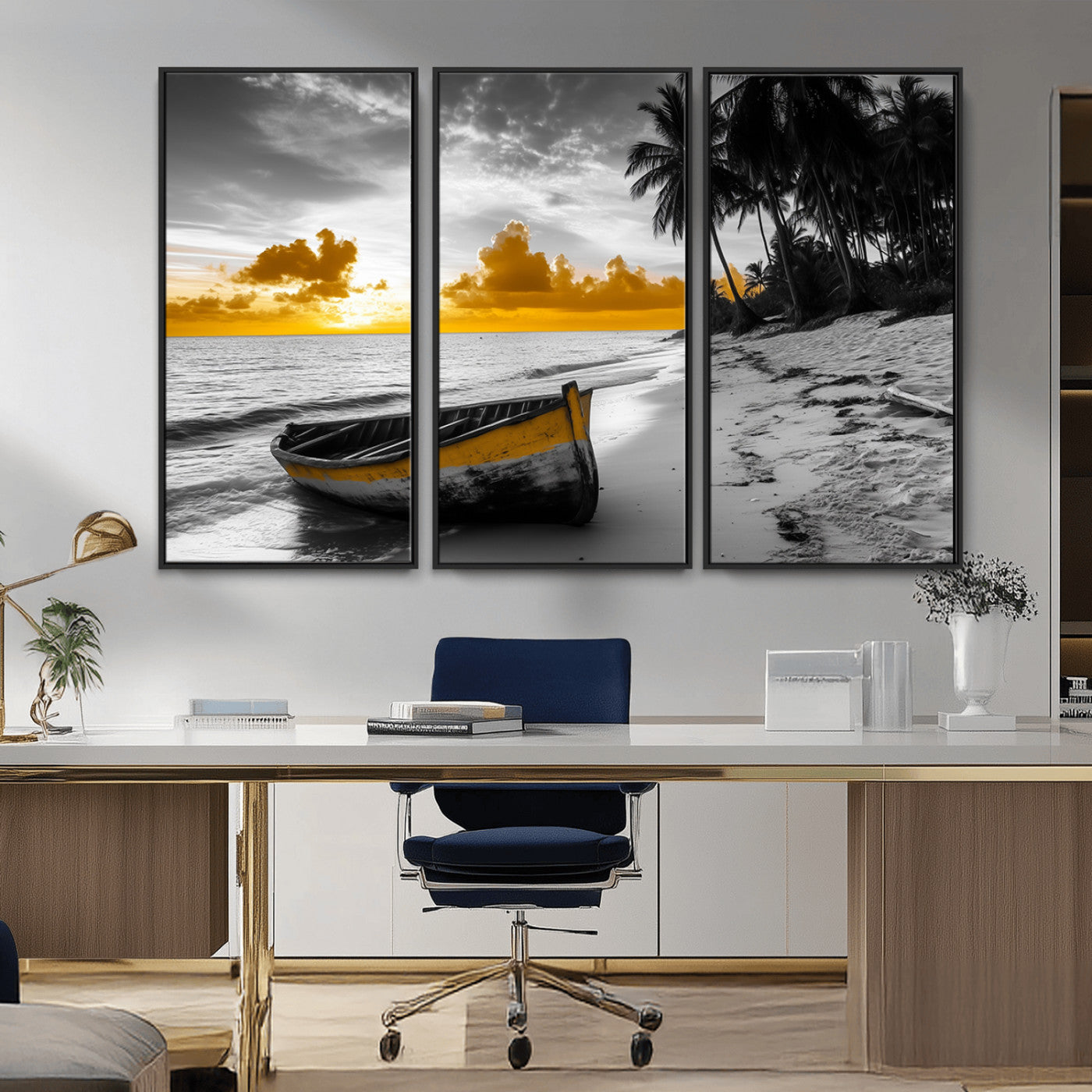 Canvas of a yellow rowboat on a black and white tropical beach with golden sunset sky, ideal for coastal or tropical-themed home decor.