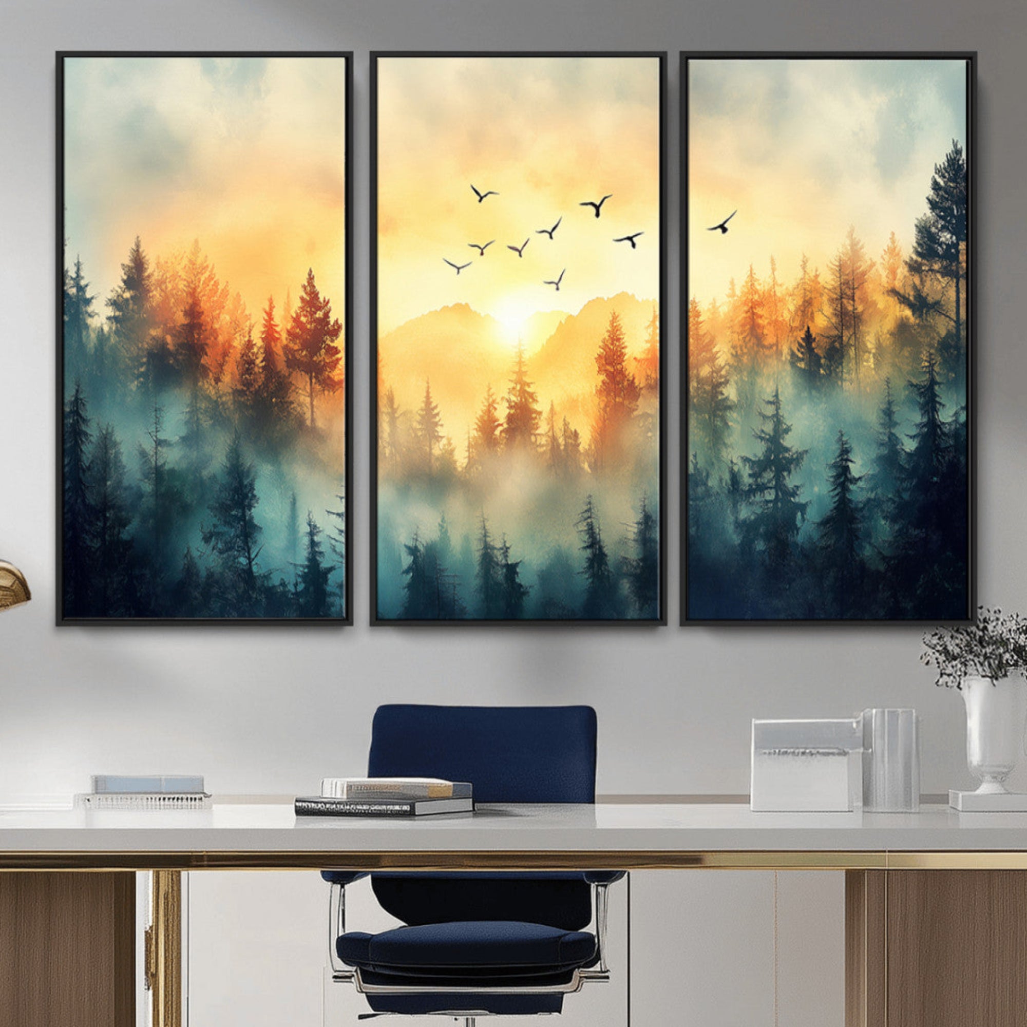 Canvas of a misty pine forest at sunrise with golden light and birds flying across the sky, perfect for tranquil nature-themed wall decor.