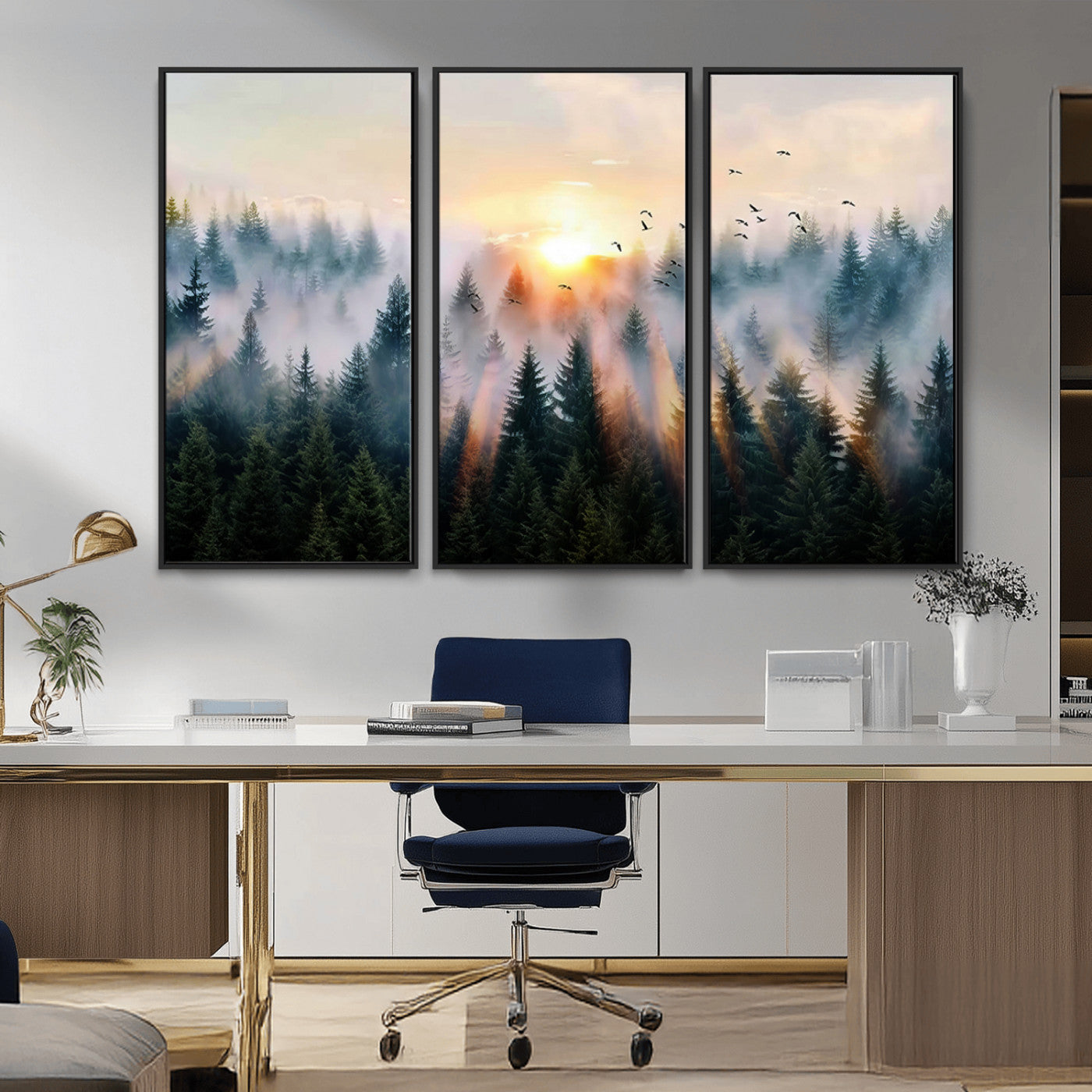 Canvas of a misty pine forest at sunrise with birds flying through golden morning rays, perfect for serene and moody woodland-style home decor.