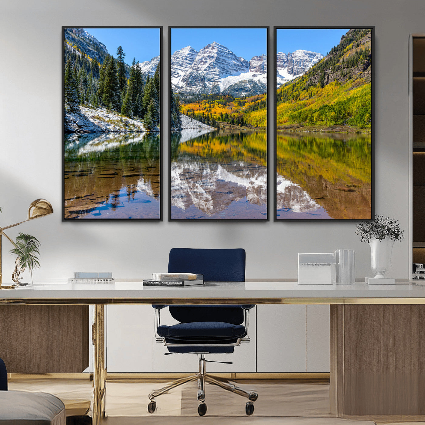 Canvas of Maroon Bells reflected in a clear alpine lake, with golden aspens and snowy peaks, ideal for crisp autumn or mountain-themed decor.