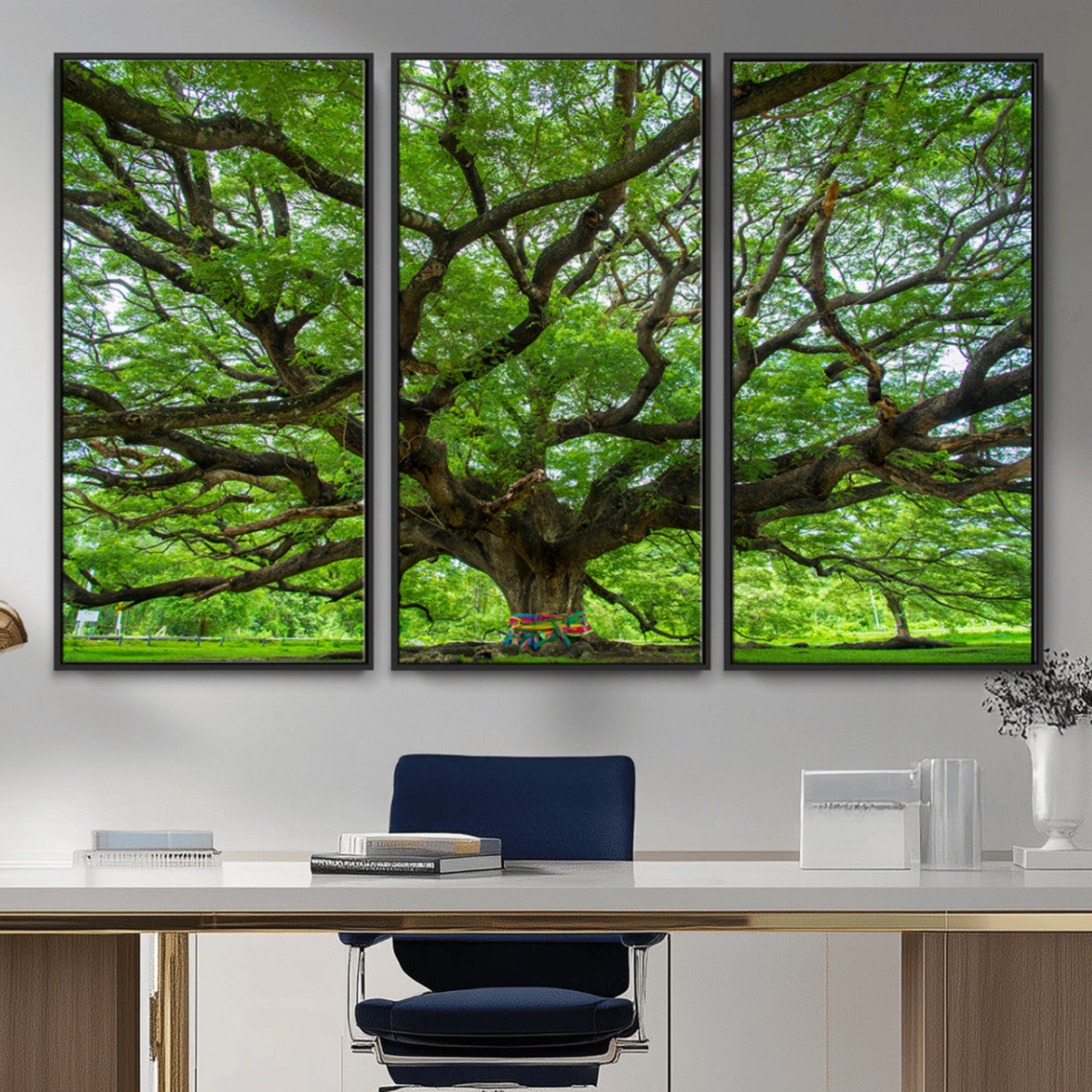 16118389-MGV-CV-48X32-3P-Ancient Tree Wall Art Canvas Print – Majestic Branches and Expansive Green Canopy, Nature's Strength, Perfect for Home