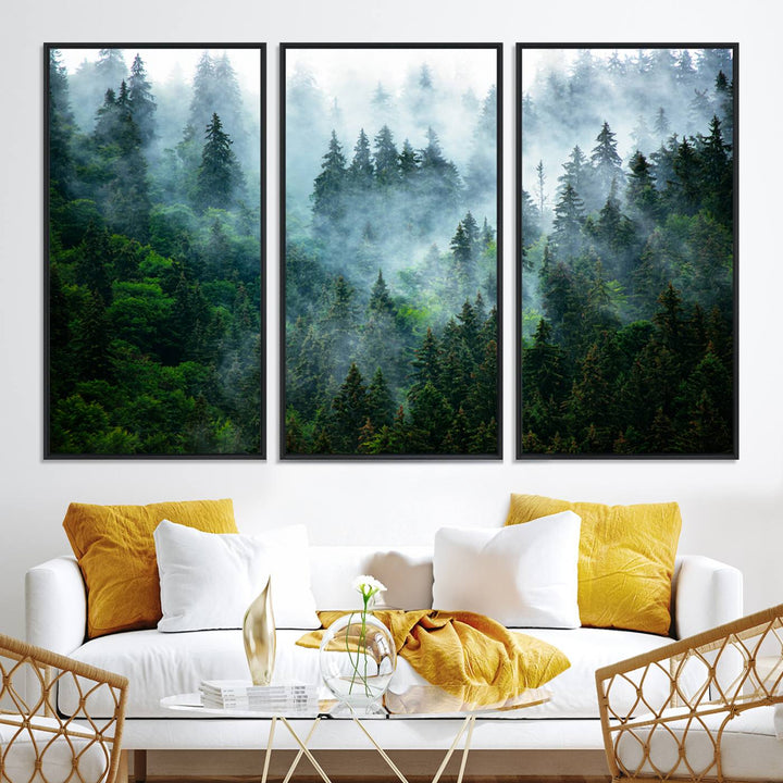 Misty Forest Art Wall Art Canvas Print, Foggy Mountain Art Print, Framed Scenic Wall Print Art Print, Large Woodland Canvas Printing Perfect for  Decor