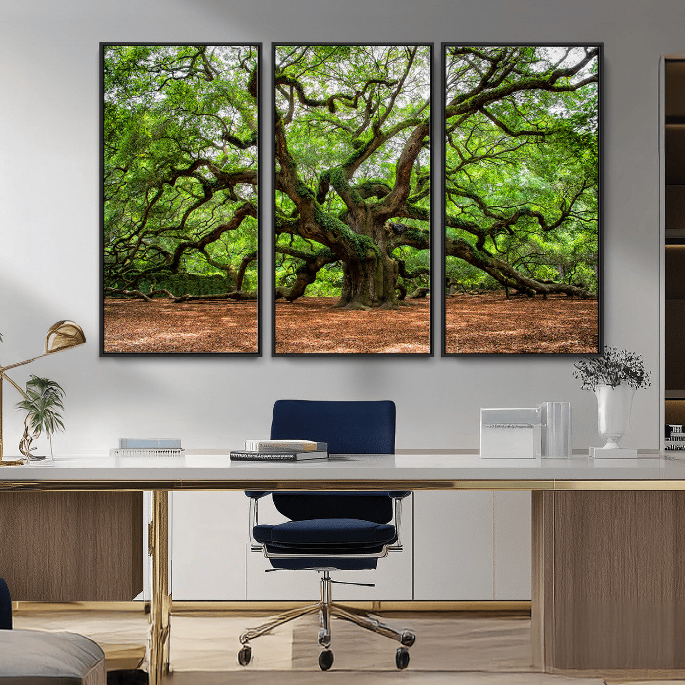 A majestic, ancient tree with expansive, twisting branches spreading wide under a dense, vibrant green canopy in a serene forest clearing.