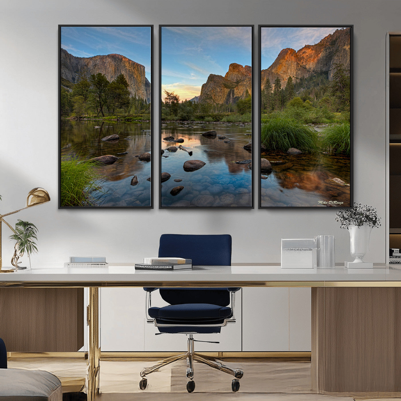 Canvas of Yosemite Valley with El Capitan and sunset reflections in a calm river, perfect for rustic or nature-themed décor.