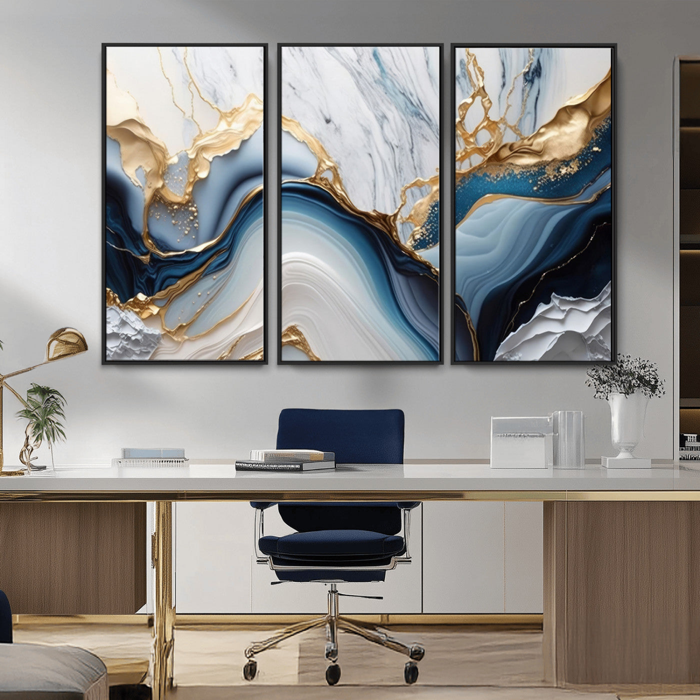 Abstract canvas with blue marble textures and flowing gold veins, ideal for modern luxury or coastal-inspired interior decor.