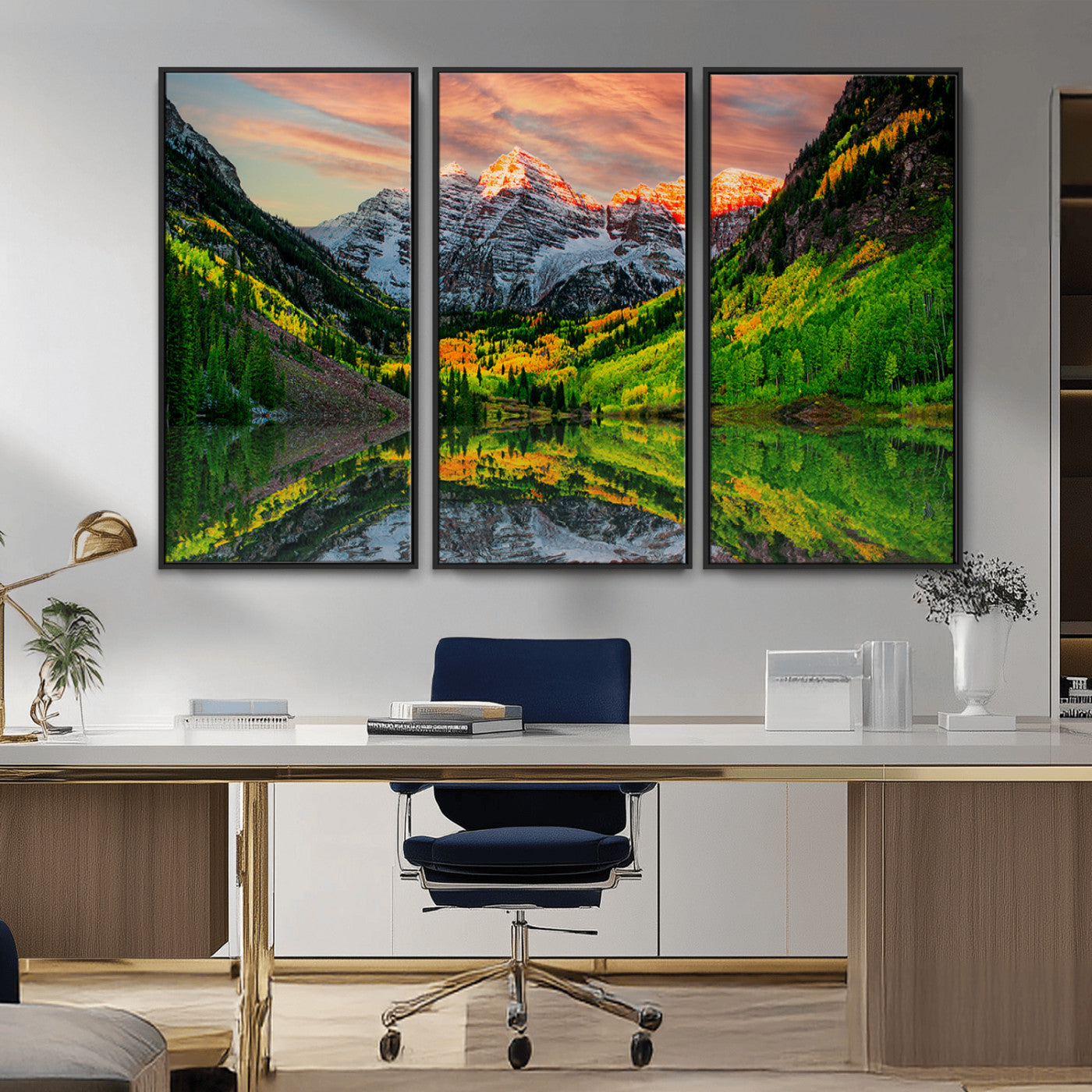 MGV-FC-48X32-3P - Maroon Bells Lake Wall Art Canvas Print – Majestic Colorado Mountain Landscape, Autumn Reflection,