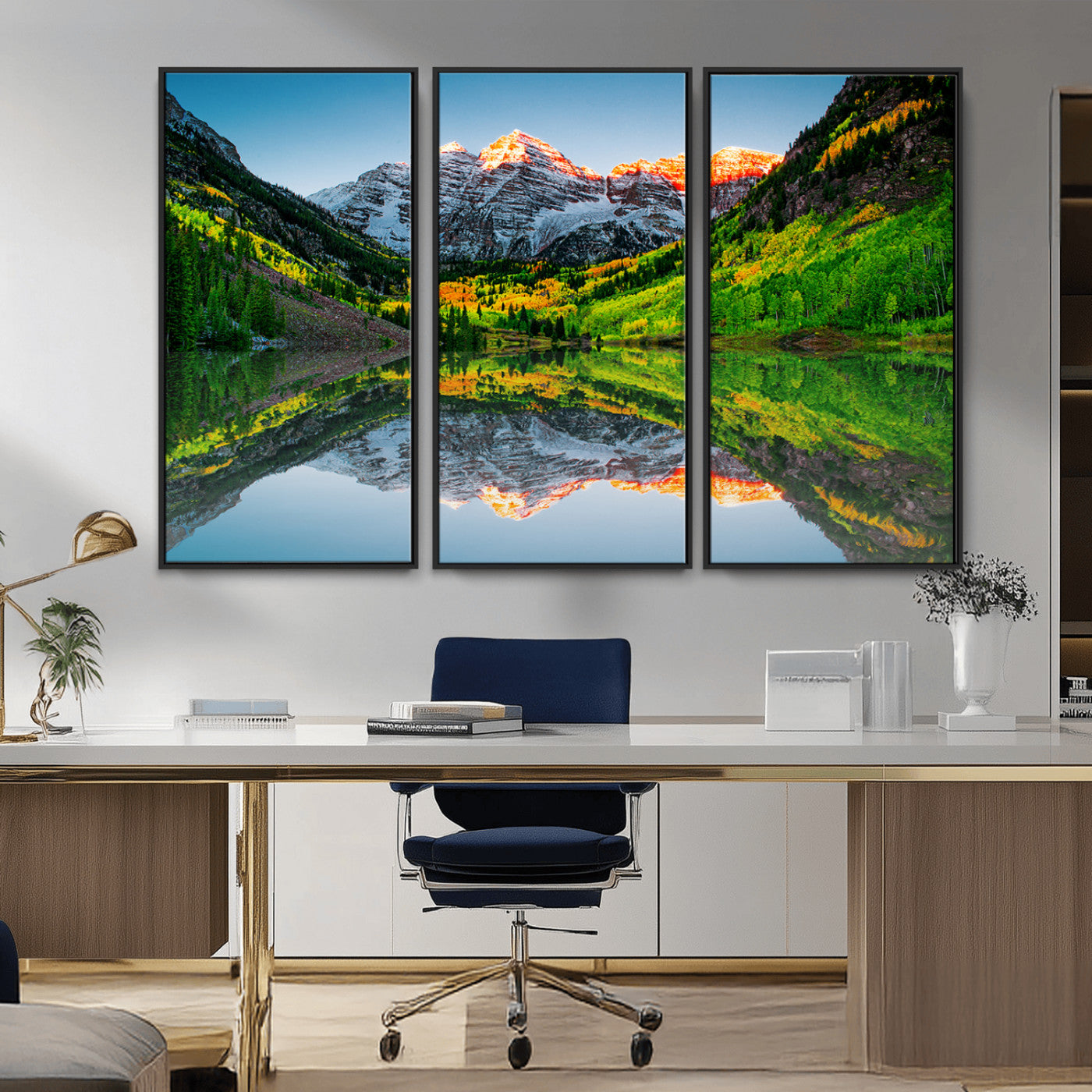 MGV-FC-48X32-3P - Maroon Bells Lake Print Wall Art – Majestic Colorado Mountain Landscape, Autumn Reflection,
