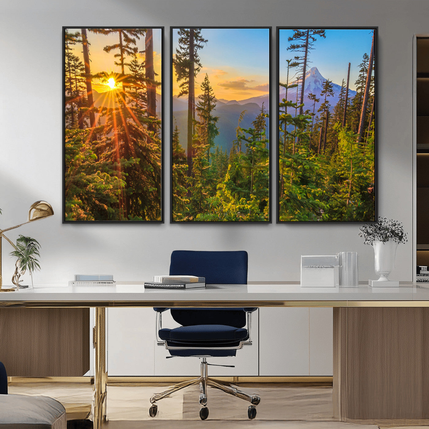 Colorful canvas of Mount Hood and Oregon forest at sunset, featuring sunburst light and lush pine trees for rustic nature decor.