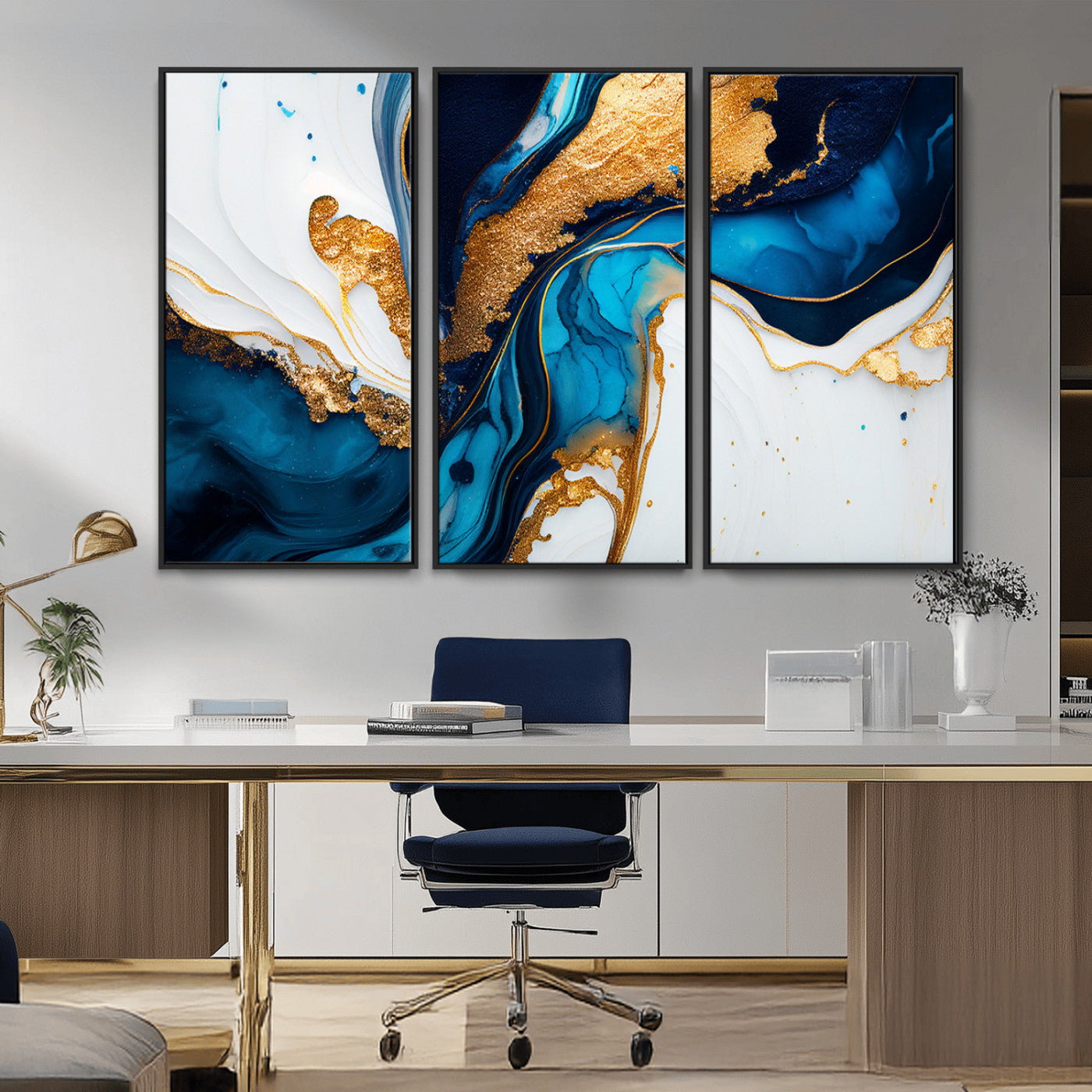 Luxurious abstract canvas in gold, navy, and teal tones with fluid marble patterns, perfect for modern glam or upscale interiors.