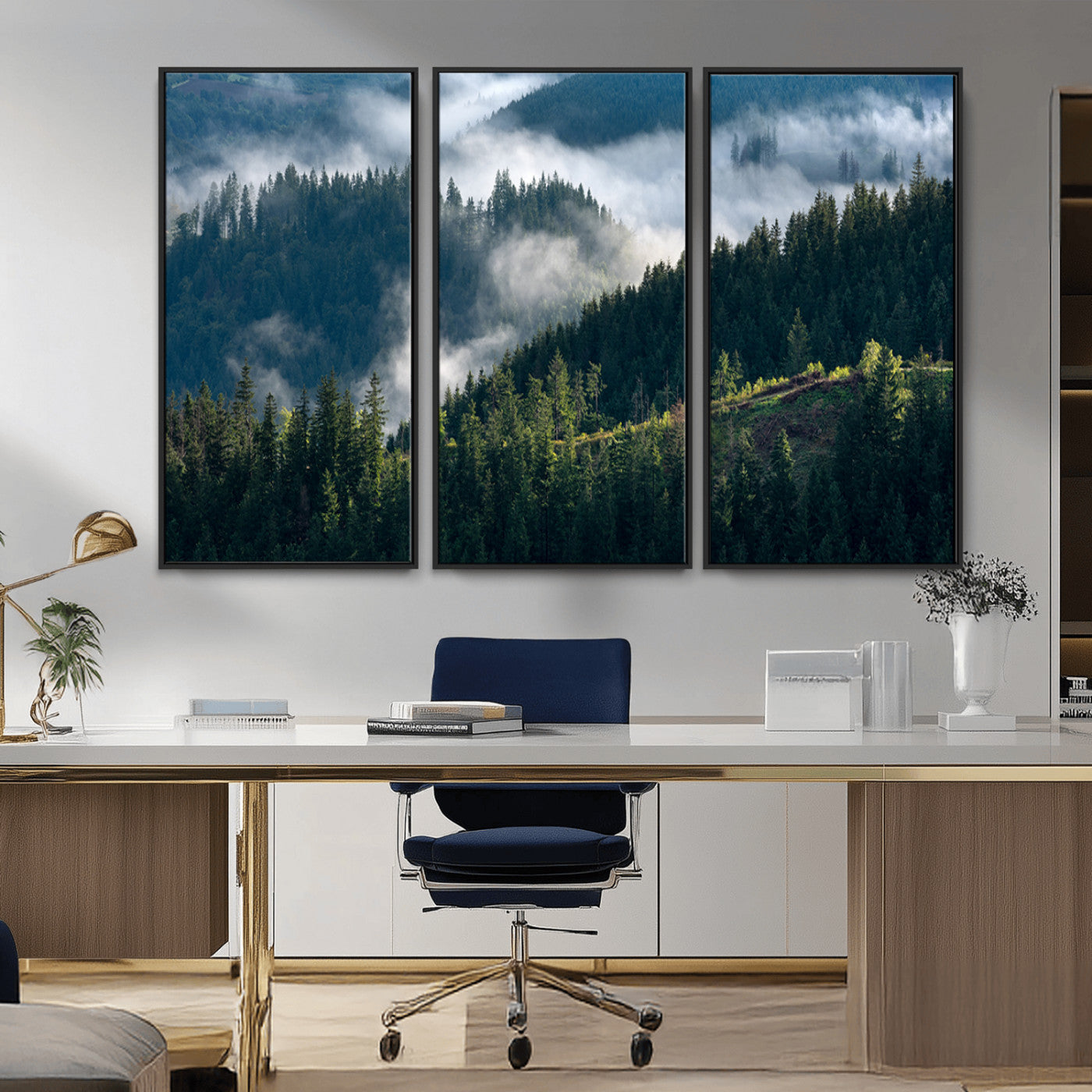 Moody canvas of misty pine forests over layered hills, perfect for cool-toned nature-inspired or woodland-style home decor.