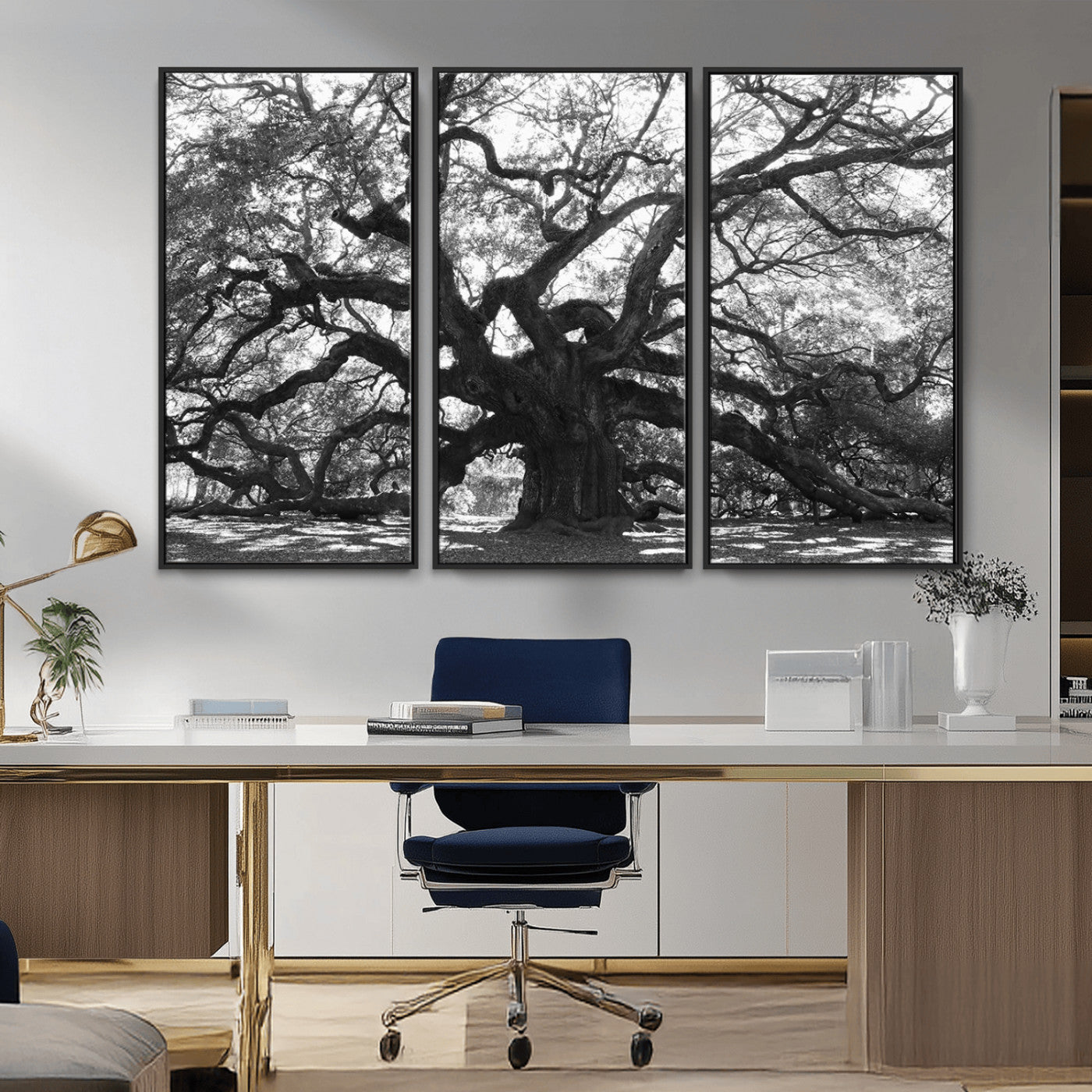 MGV-FC-48X32-3P - Ancient Oak Wall Art Canvas Print, Framed Twisted Branches Art Picture Print, Gnarled Tree Perfect Moody Nature Decor Artwork