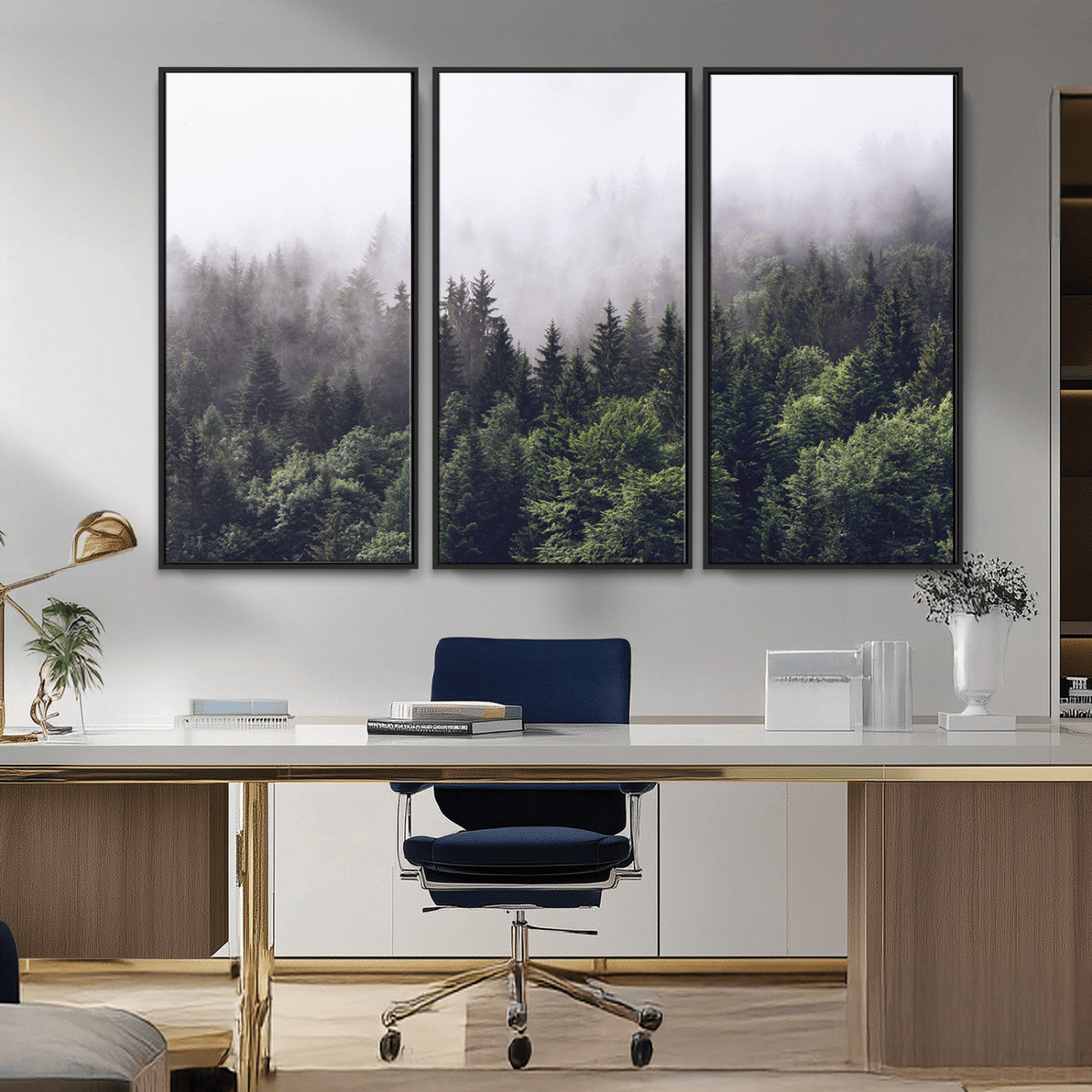 Canvas of dense misty forest in dark green tones, ideal for moody forest or atmospheric woodland-themed home decor.