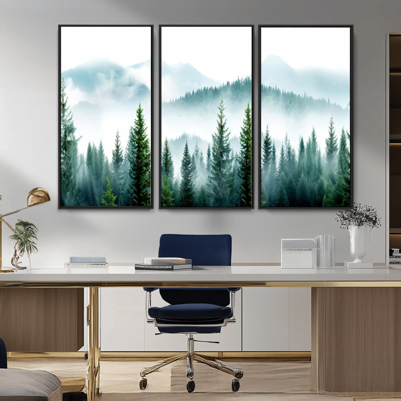 Canvas of pine forest and misty mountain layers in cool tones, perfect for moody forest or serene nature-inspired home decor.