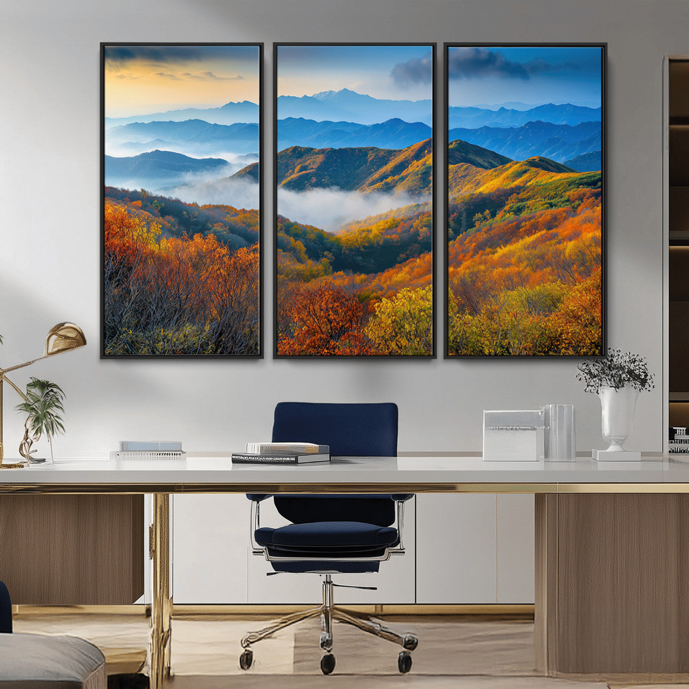 Vibrant canvas of autumn mountains with colorful trees, layered blue ridges, and soft morning fog, ideal for bright nature-themed decor.