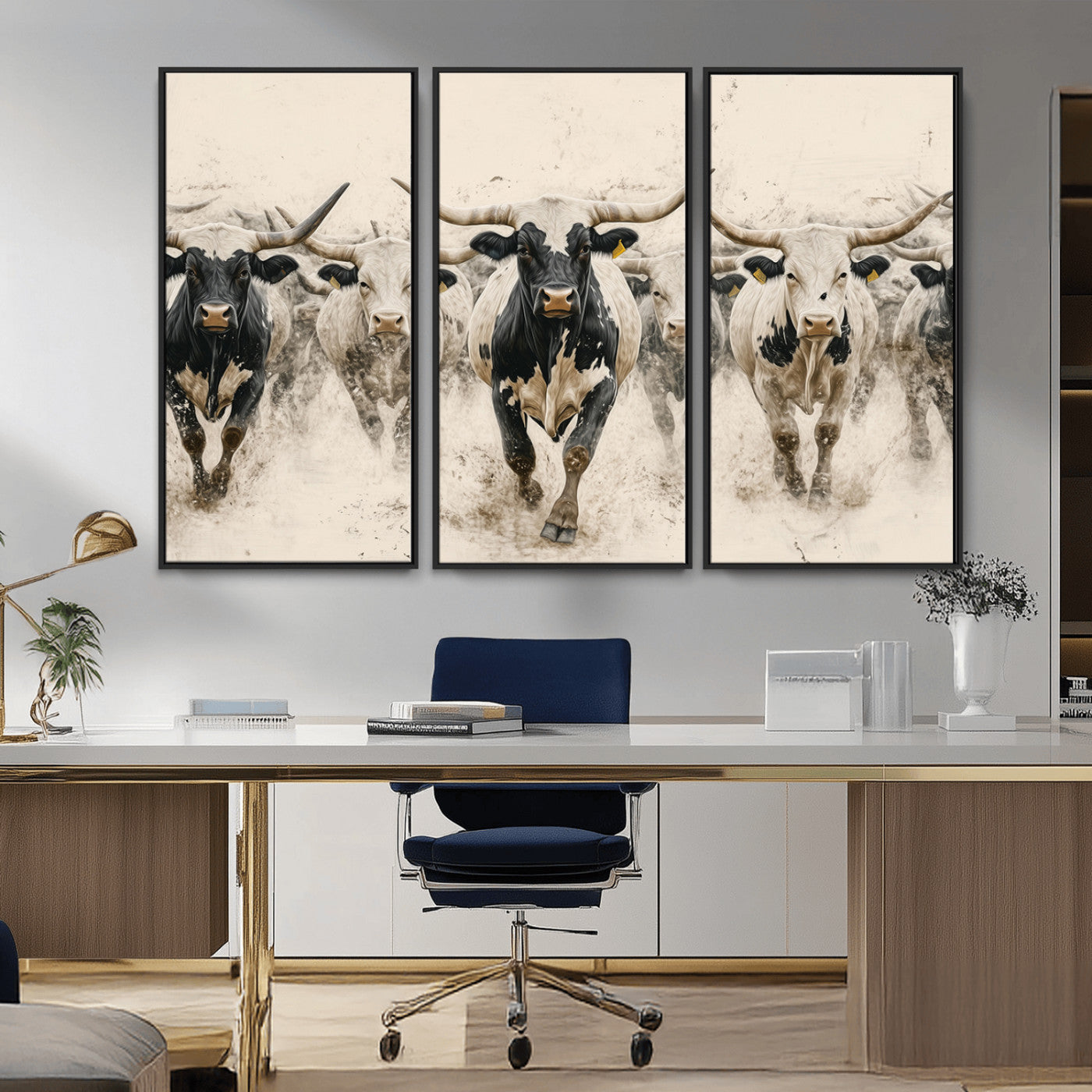 Canvas artwork of Texas Longhorn bulls walking in a dusty herd, ideal for rustic Western or country-style interior decor.