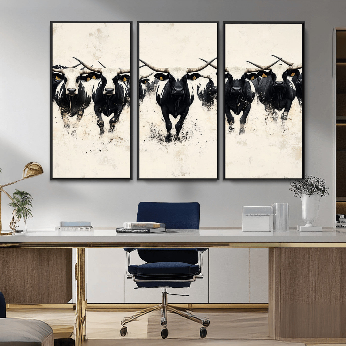 Canvas artwork of black and white Texas longhorns in a bold stampede over a minimalist background, ideal for rustic modern or Western-themed decor.