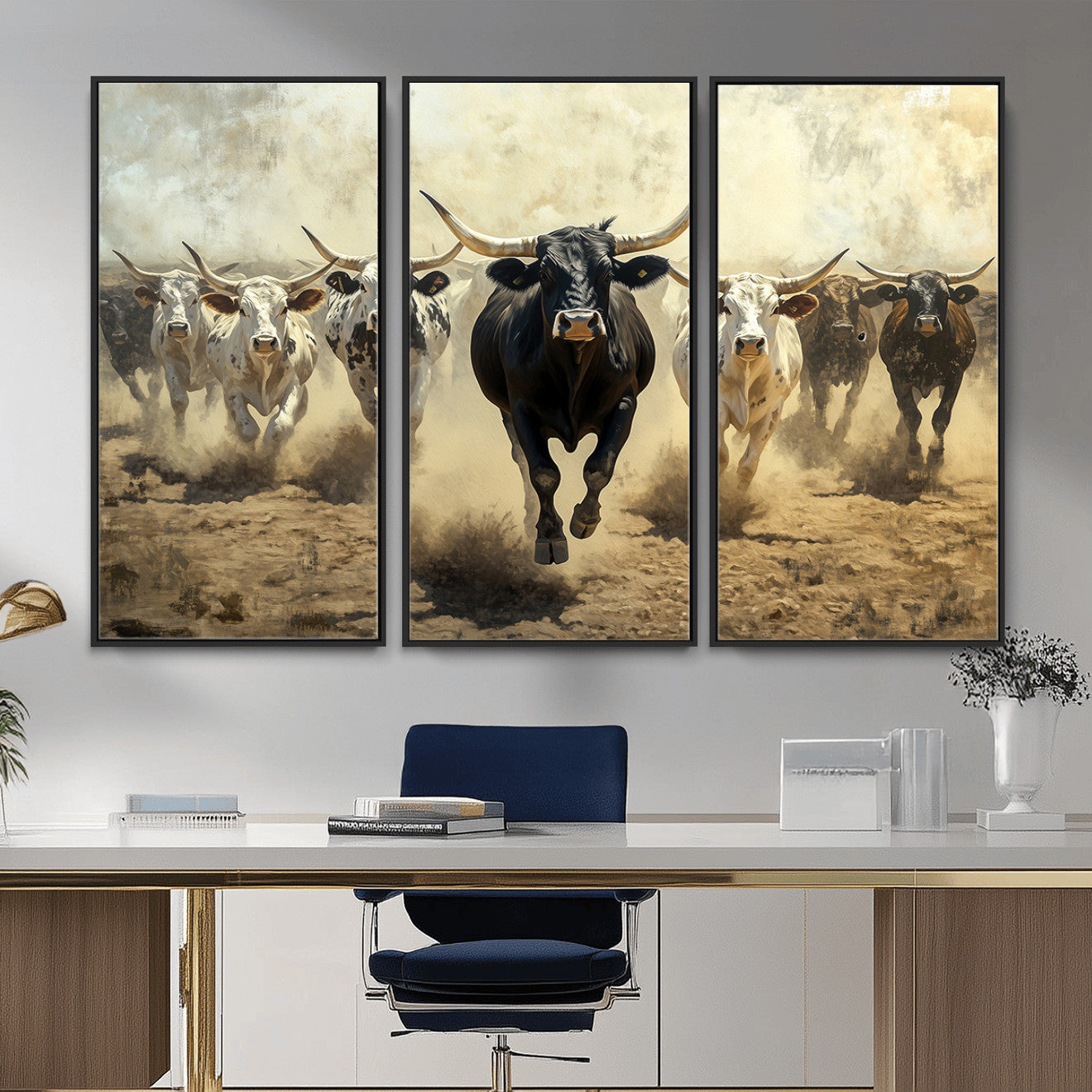MGV-FC-48X32-3P - Running Cattle Wall Art – Canvas Print of Western Herd, Dust Stampede, Longhorns, Wild West Ranch, Bold Rustic Farm Decor for Home or Office