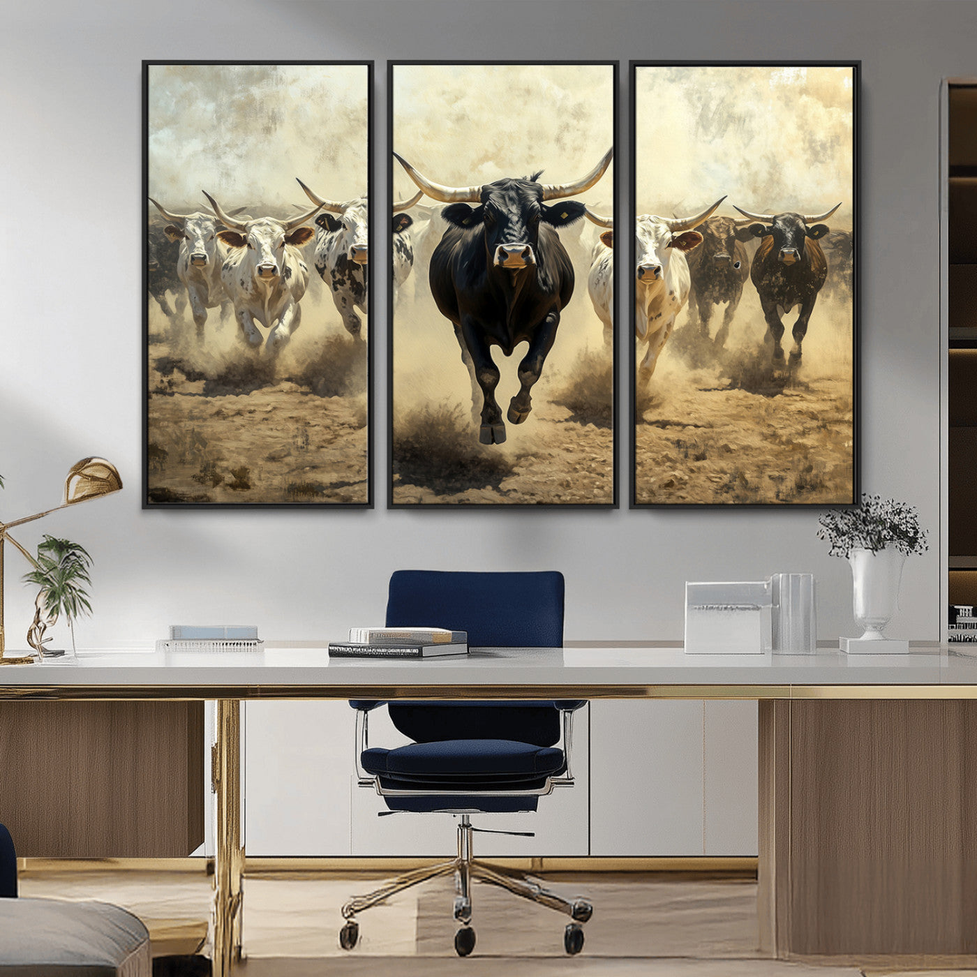 Dynamic canvas showing a Texas Longhorn stampede with earthy tones and bold movement, perfect for rustic or Western-style interiors.