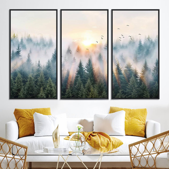 Misty Pine Forest Wall Art: A depiction of sunrise over foggy trees and birds against a bright sky; a framed woodland scene ideal for home or office decor.