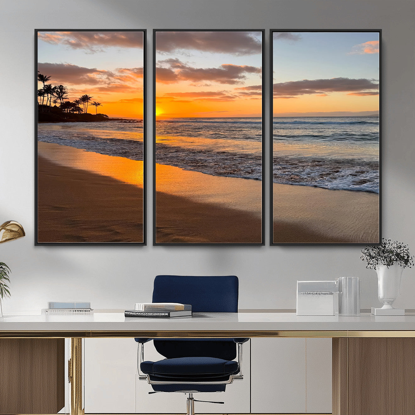 MGV-FC-48X32-3P - Sunset Glow Wall Art – Canvas Print of Ocean Breeze, Golden Sand, Tropical Palm Silhouettes, Tranquil Waves, Beach Nature Decor for Home