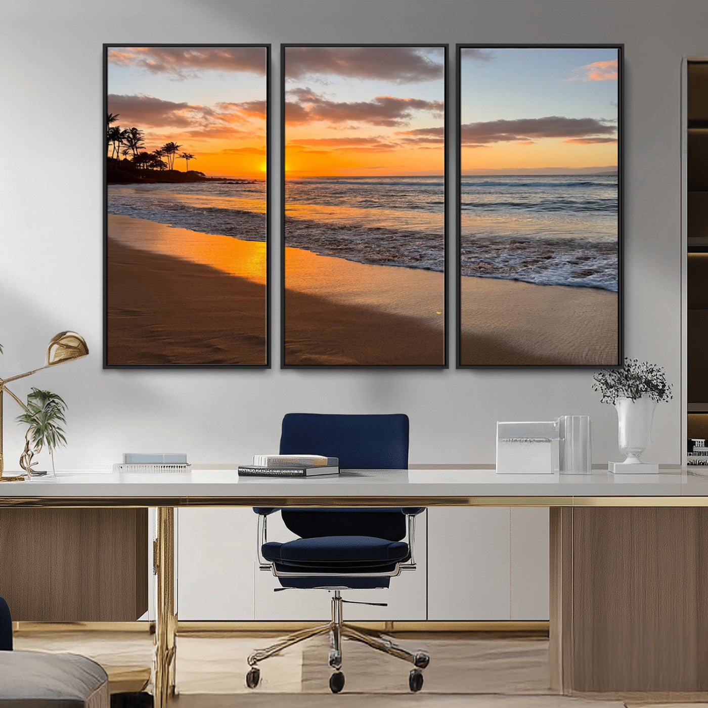 Canvas of a tropical beach at sunset with golden reflections and palm trees, perfect for vibrant coastal or island-style decor.