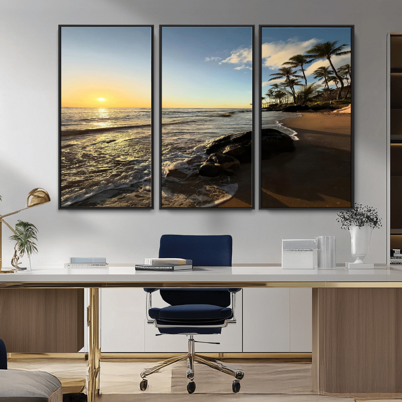 Canvas of a golden sunset on a tropical beach with palm trees and calm waves, perfect for coastal or island-themed home decor.