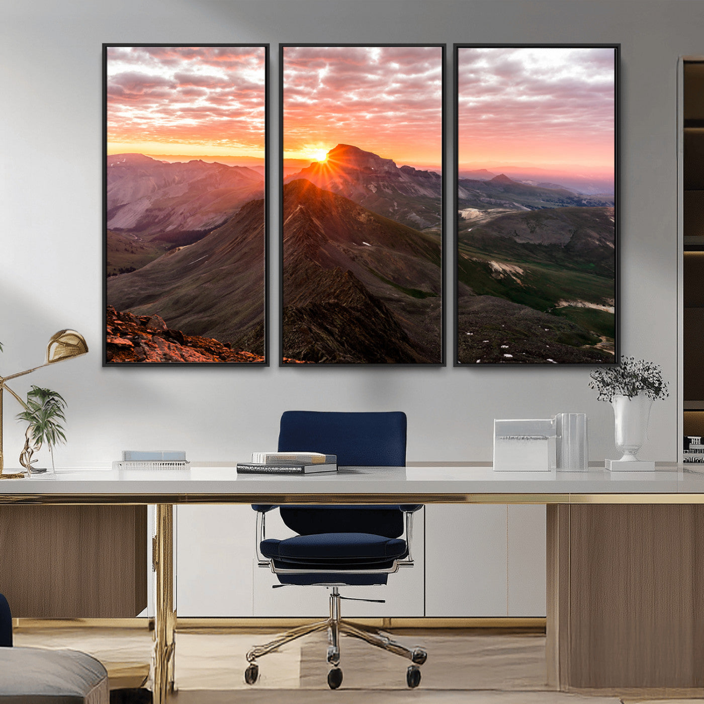 Canvas showing a mountain ridge at sunrise with golden light and dramatic clouds, perfect for nature or rustic-inspired wall decor.