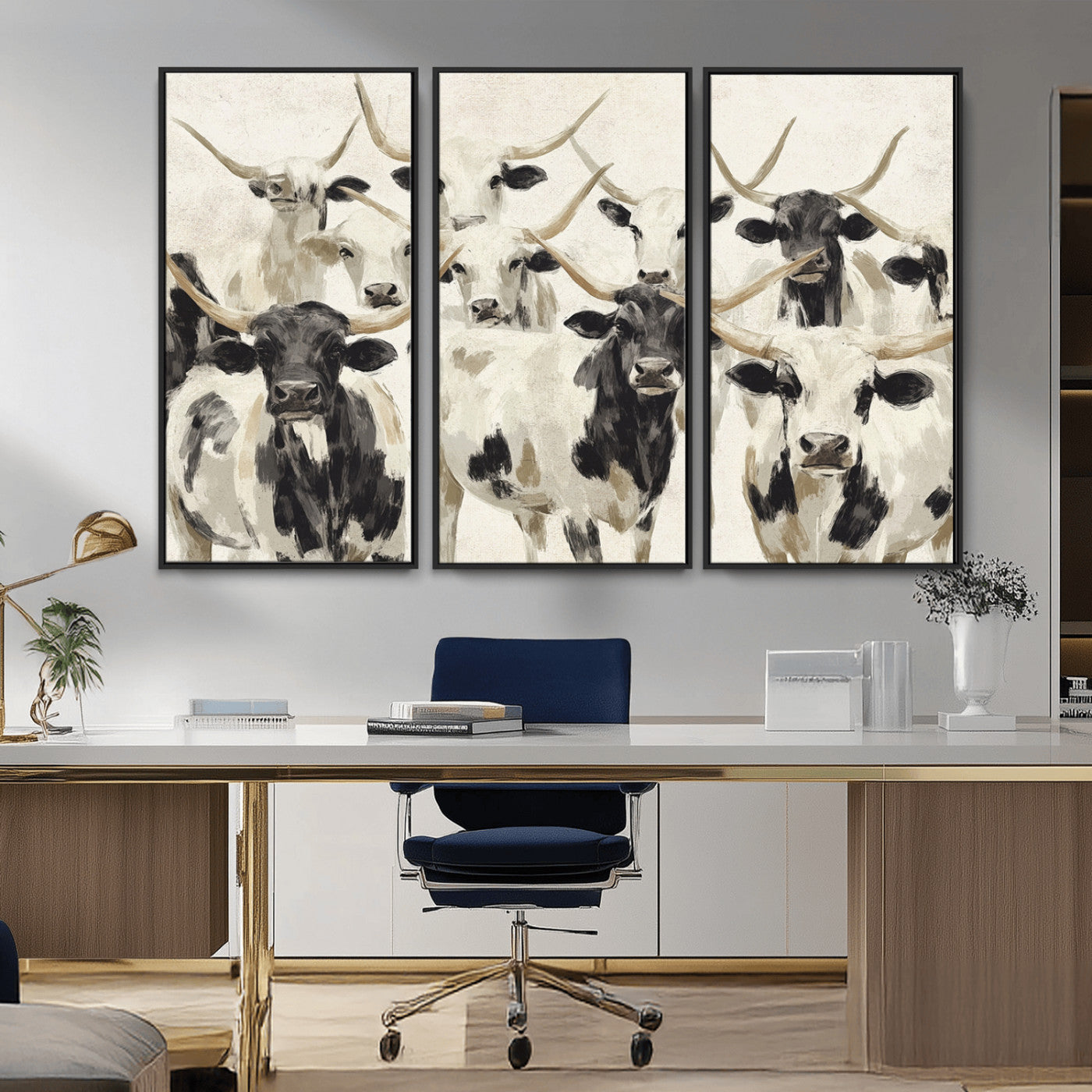 MGV-FC-48X32-3P - Longhorn Texas Cow Drawing Abstract Wall Art Canvas Print for Farmhouse Decor, Texas Bull Printing