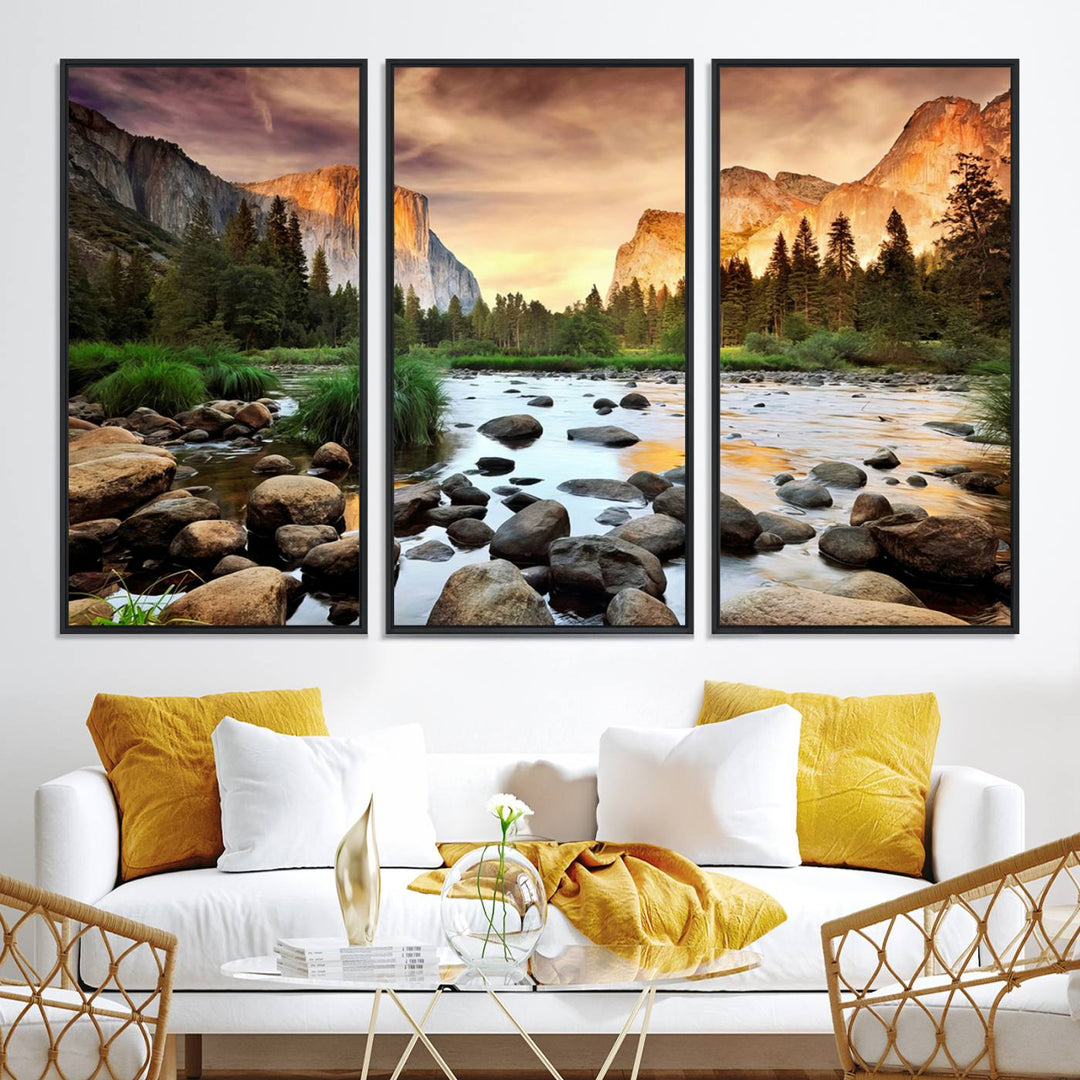 A tranquil riverside sunset mirrors the beauty of a Yosemite wall art masterpiece like the Large El Capitan Print.