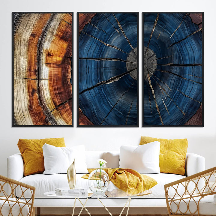 The Abstract Tree Rings Canvas Print features blue, brown, and orange rings that highlight wood grain and natures beauty.