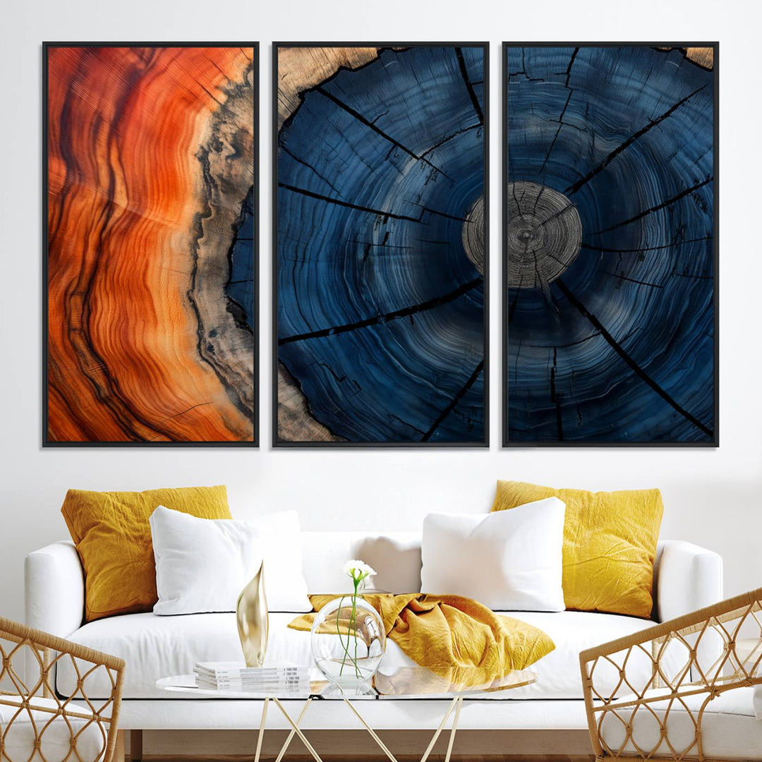 Abstract Tree Rings Canvas Print with vibrant colors—ideal farmhouse wall art for a woodland-themed home.