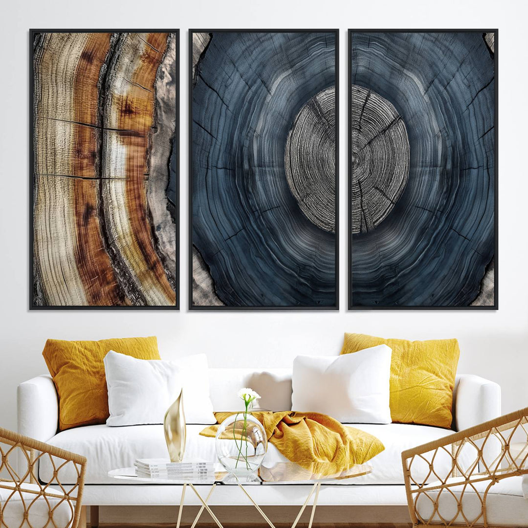 Close-up of the Abstract Tree Rings Wall Art Print featuring shades of blue, brown, and gray.