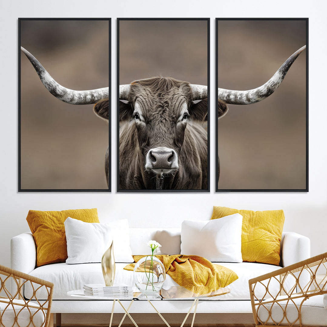 The Framed Texas Longhorn Bull Art Canvas Print adds timeless elegance to the serene setting.