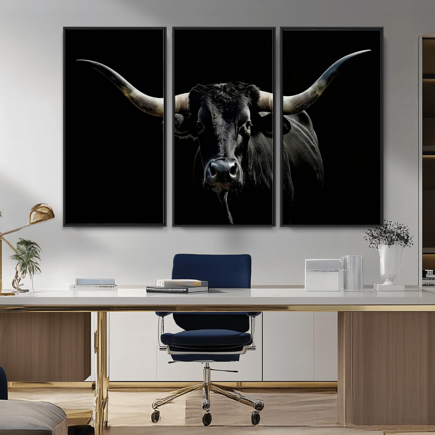 MGV-FC-48X32-3P - Texas Black Bull Wall Art Print, Longhorn Bull Canvas Wall Art
