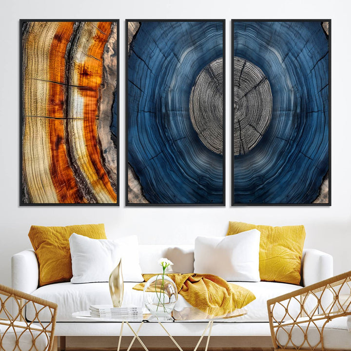 Vibrant Abstract Tree Rings in Orange, Brown, and Blue - Canvas Print for Nature Woodland Wall Decor.