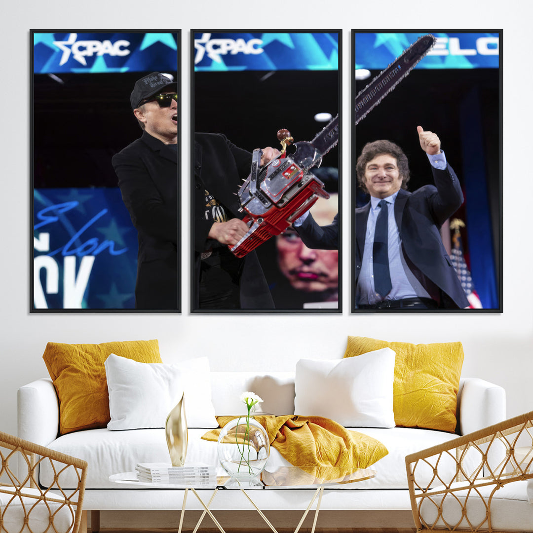 The wall art in the living room is an Elon Musk Chainsaw Art Print, depicting two men with chainsaws on stage in front of a vibrant crowd.