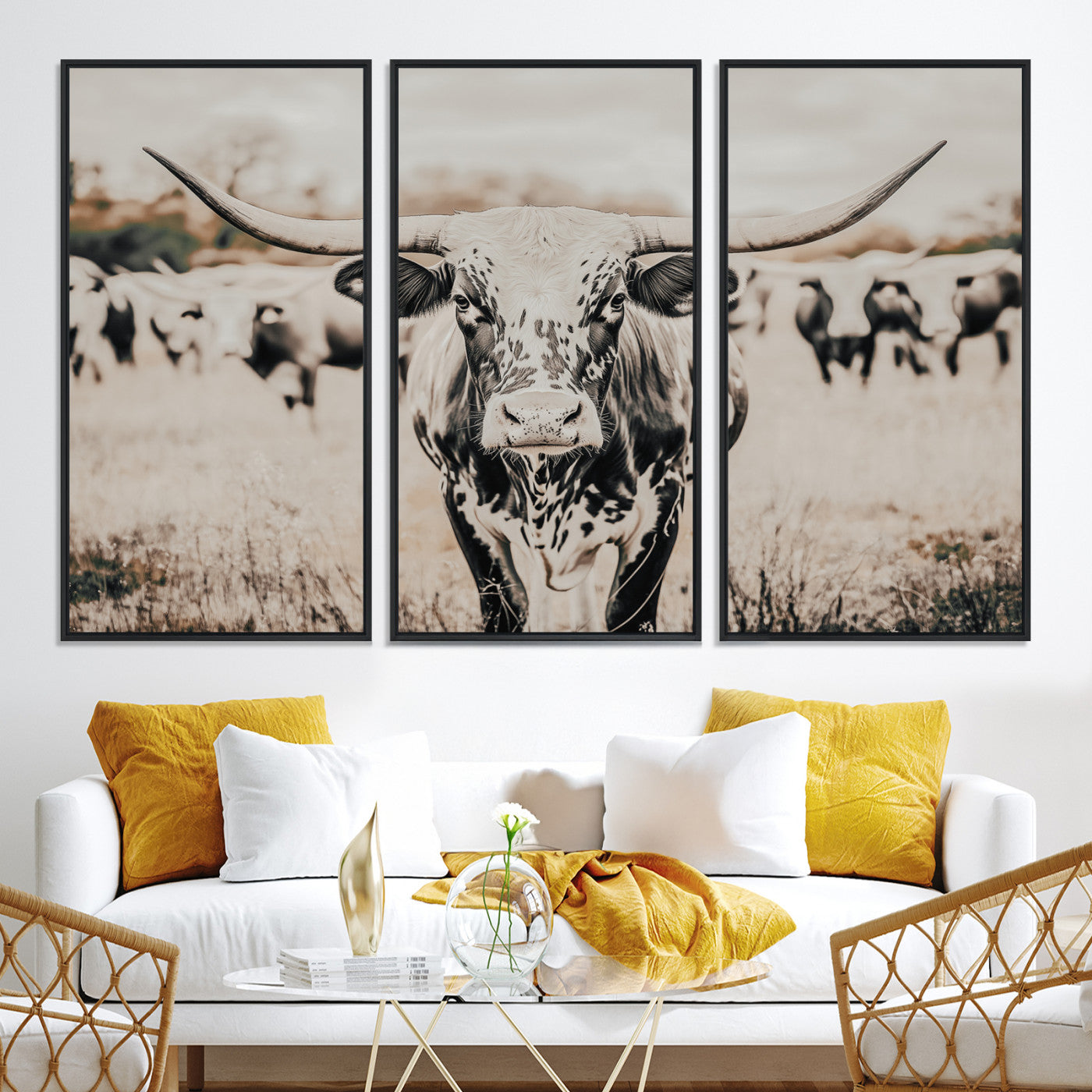 27497342-MGV-CV-36X24-Texas Longhorn Wall Art Canvas Print, Framed Speckled Cow Art Picture Print, Horned Cattle Perfect Rustic Western Decor Artwork