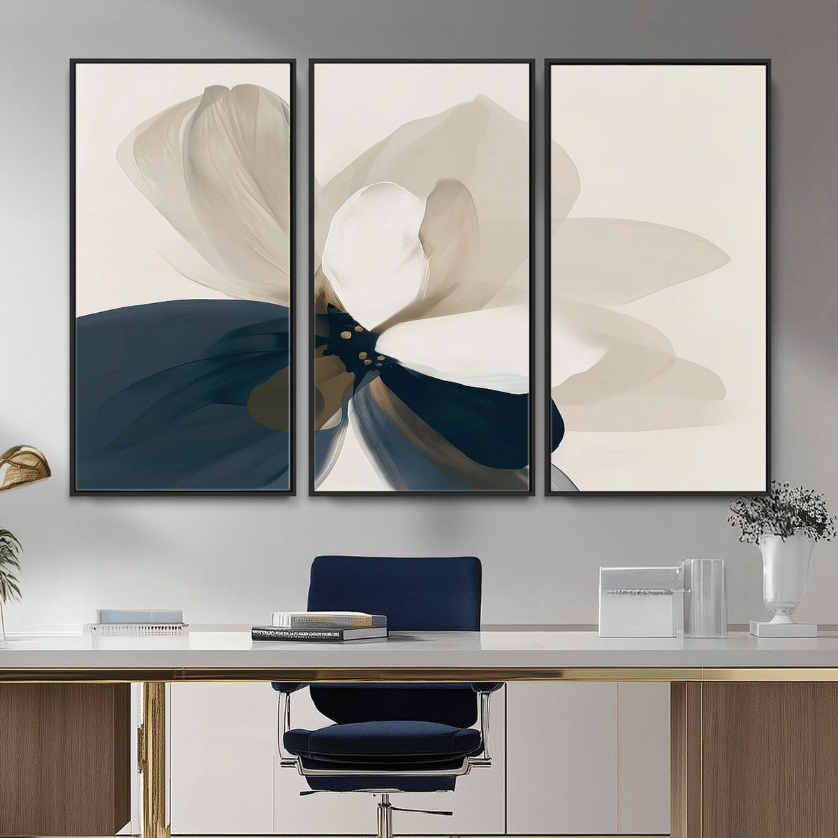 42188901-MGV-CV-24X16 - Minimal Flower Wall Art Canvas Print | Framed Beige and Navy Bloom