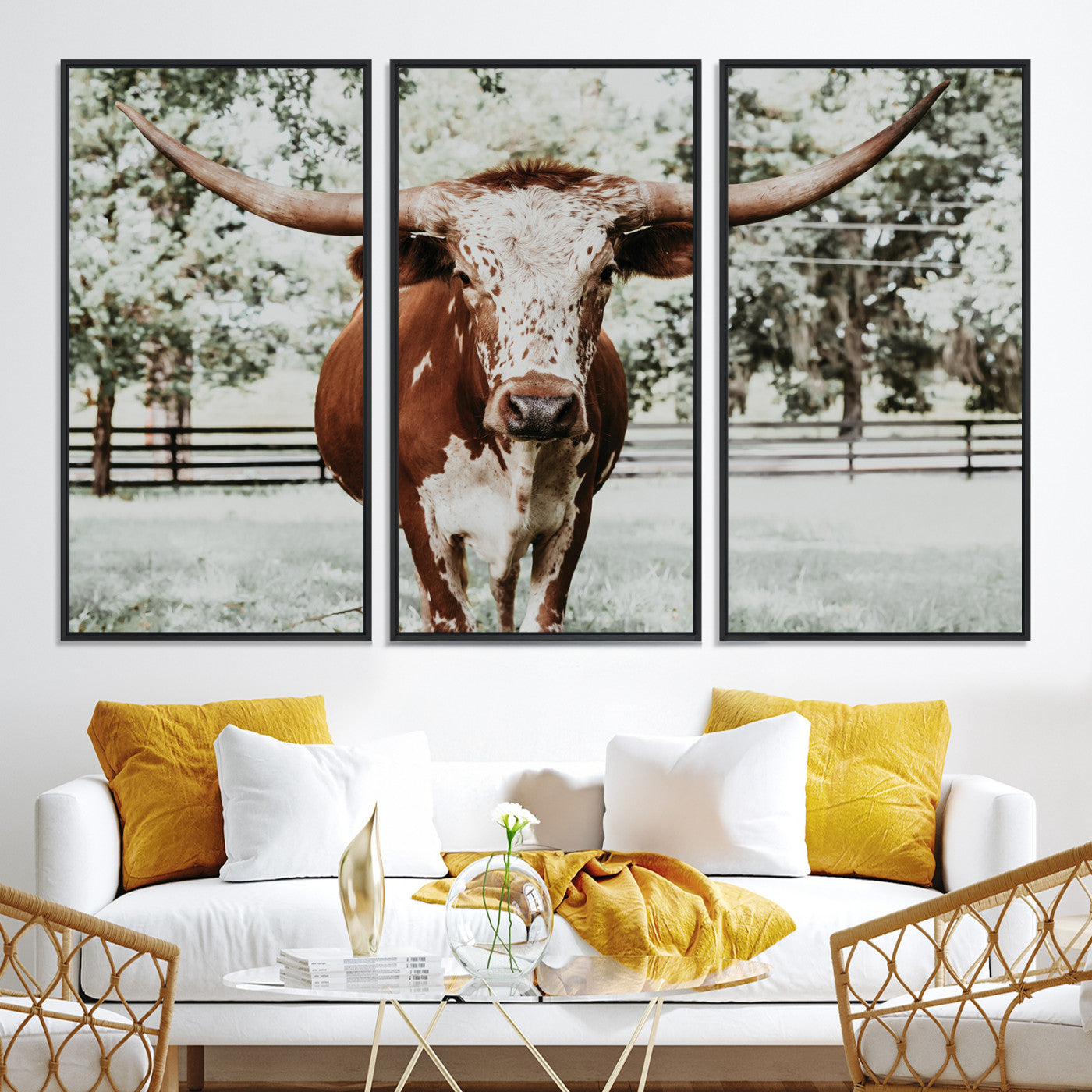54757537-MGV-CV-36X24-Texas Longhorn Wall Art Canvas Print, Framed Spotted Cow Art Picture Print, Horned Cattle Perfect Rustic Western Decor Artwork