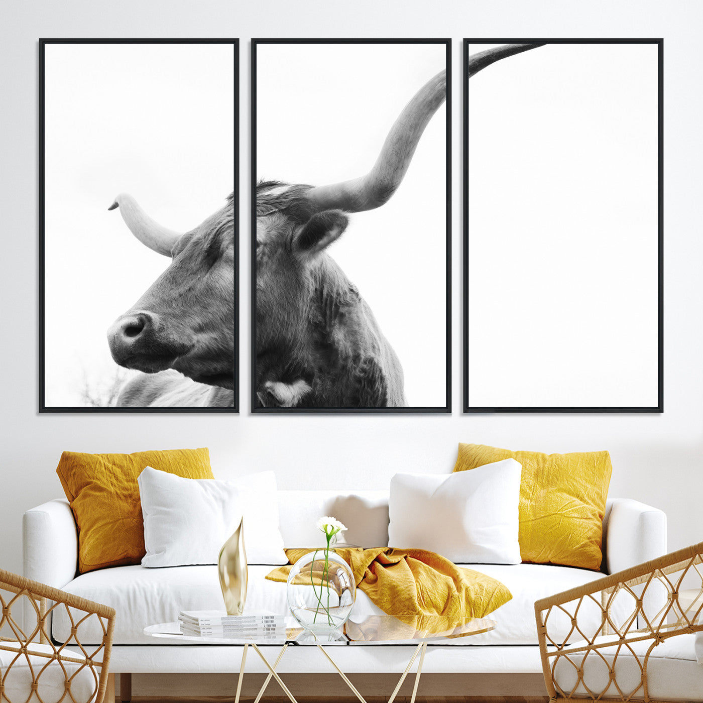 64392617-MGV-CV-36X24-Longhorn Wall Art Wall Art Canvas Print, Framed Modern Ranch Style Art Art Picture Print, Monochrome Cow Print Perfect Rustic Western Decor