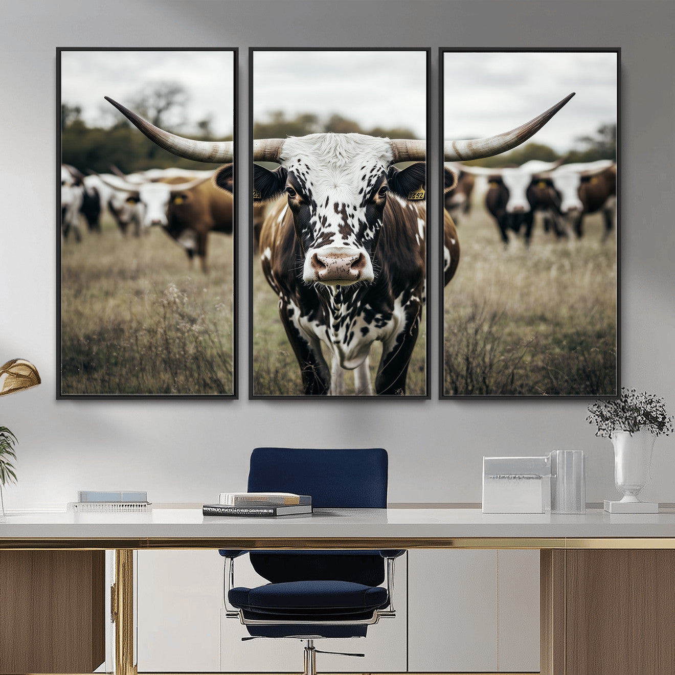 MGV-FC-48X32-3P - Majestic Longhorn Cow Wall Art – Canvas Print of Intricate Fur & Sharp Horns Earthy Tones Serene Landscape, Rustic Charm Decor for Living Room, Office or Bedroom