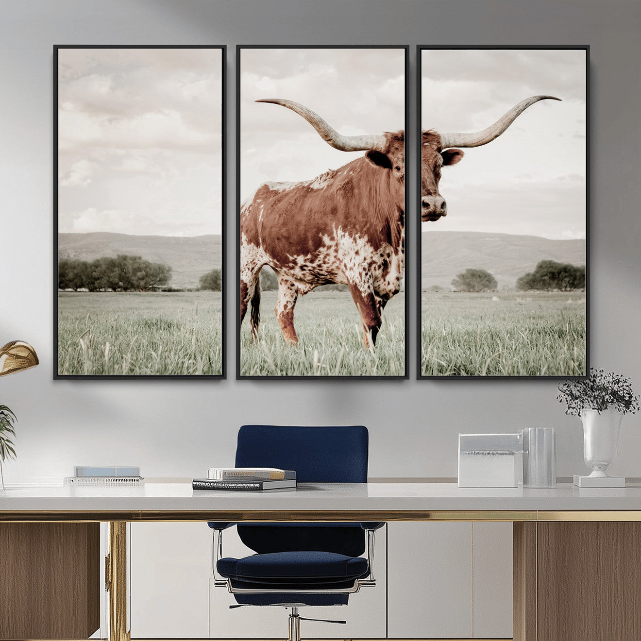 MGV-FC-48X32-3P - Texas Longhorn Wall Art Canvas Print, Framed Spotted Cattle Art Picture Print, Horned Bull Perfect Rustic Western Decor Artwork