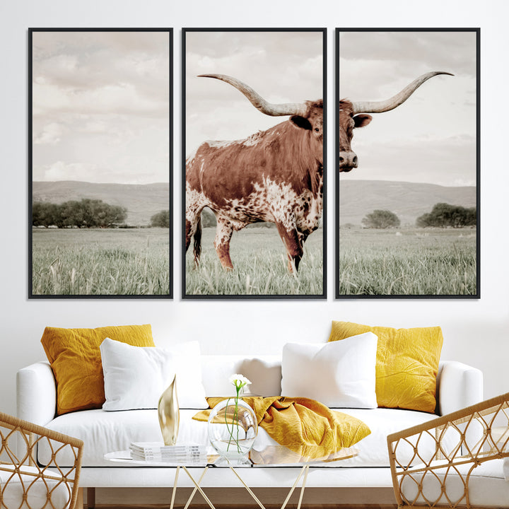 Texas Longhorn Wall Art Canvas Print, Framed Spotted Cattle Art Picture Print, Horned Bull Perfect Rustic Western Decor Artwork
