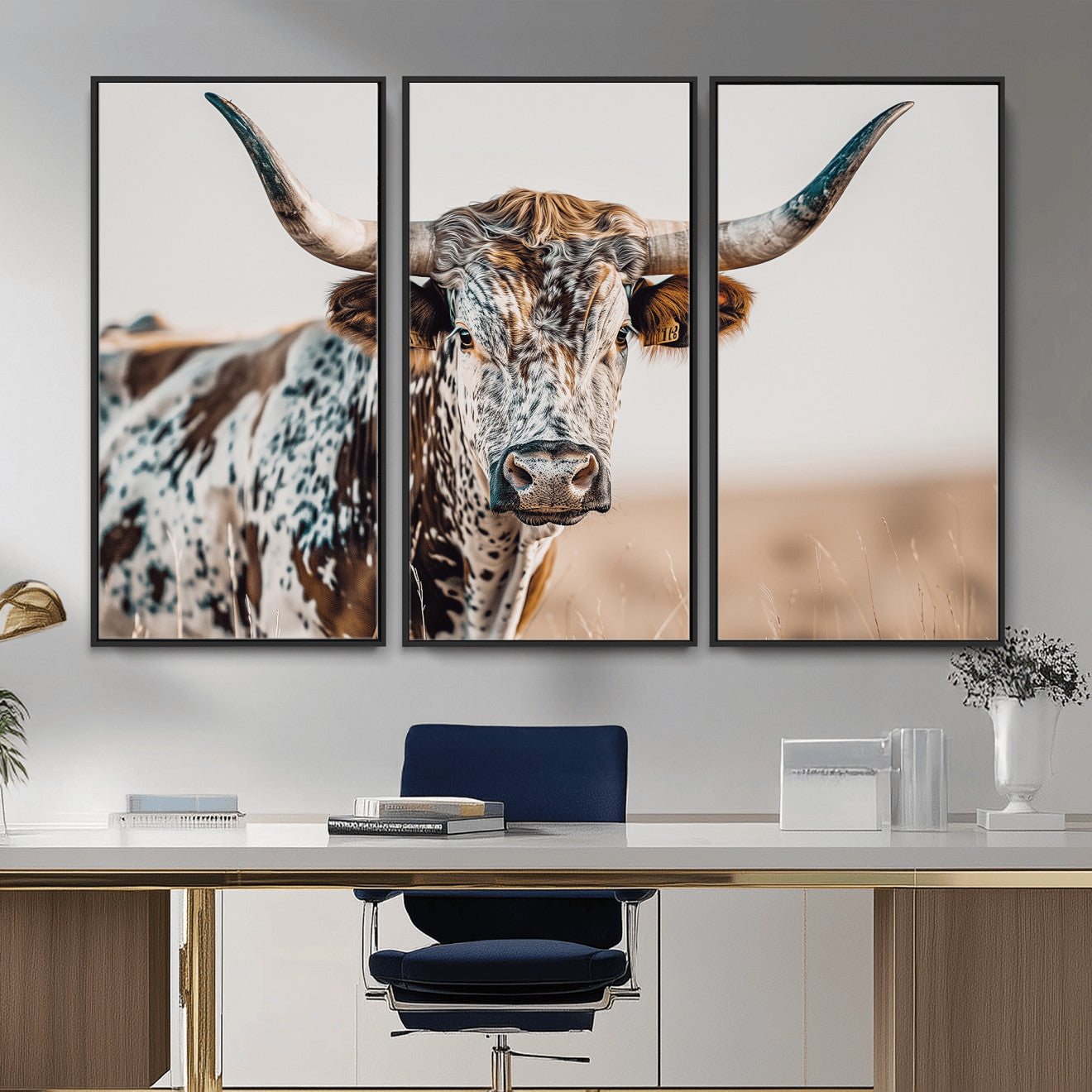 70414966-MGV-FC-48X32-3P - Majestic Longhorn Wall Art – Canvas Print of Strong Stance Intricate Fur & Sharp Horns Rustic Elegance & Timeless Wild Beauty Decor for Living Room, Office or Bedroom