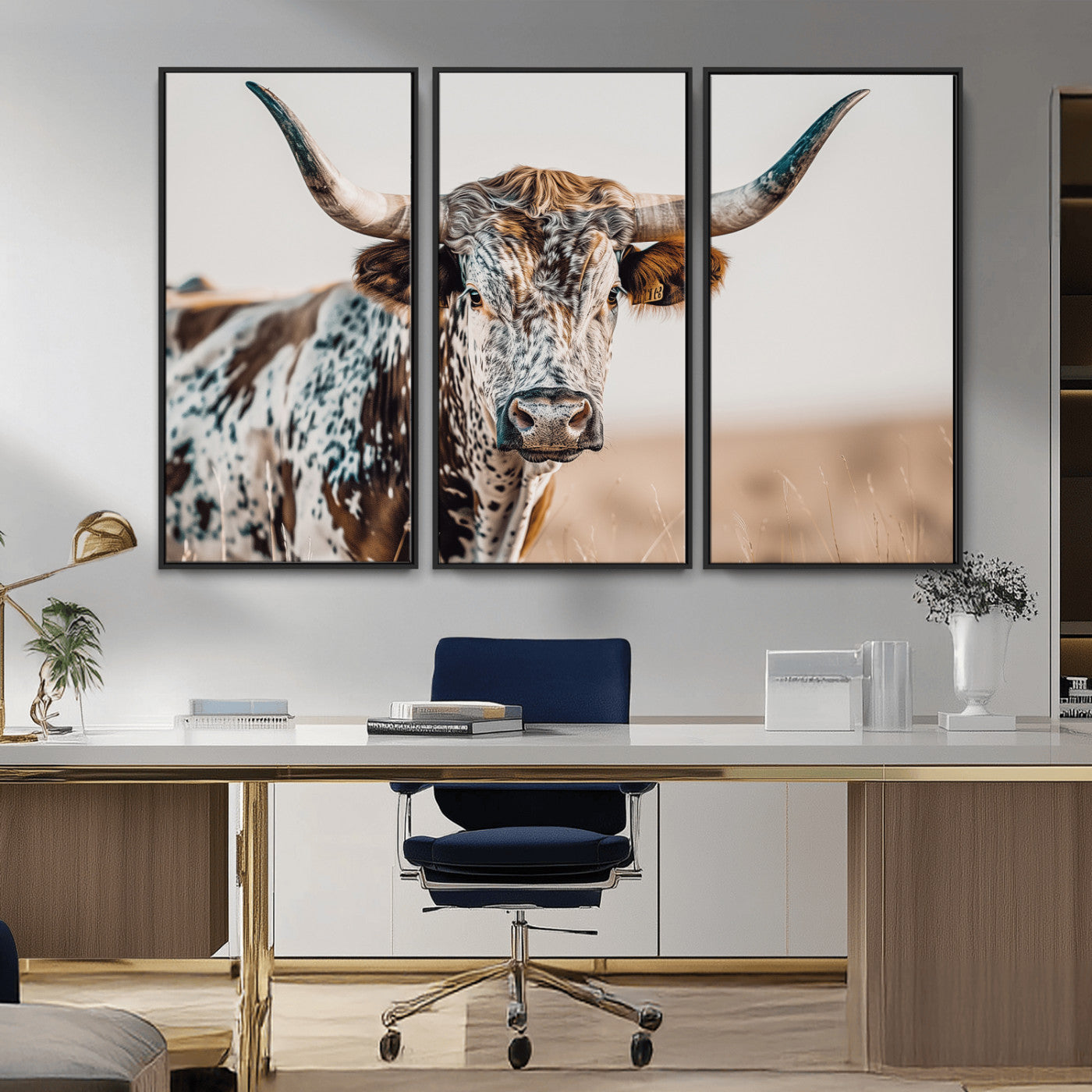 Canvas of a speckled Texas longhorn with wide curved horns and warm tones, perfect for rustic or country-style wall decor.