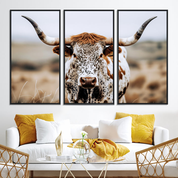 Texas Longhorn Wall Art Canvas Print, Framed Spotted Cow Art Picture Print, Horned Cattle Perfect Rustic Western Decor Artwork